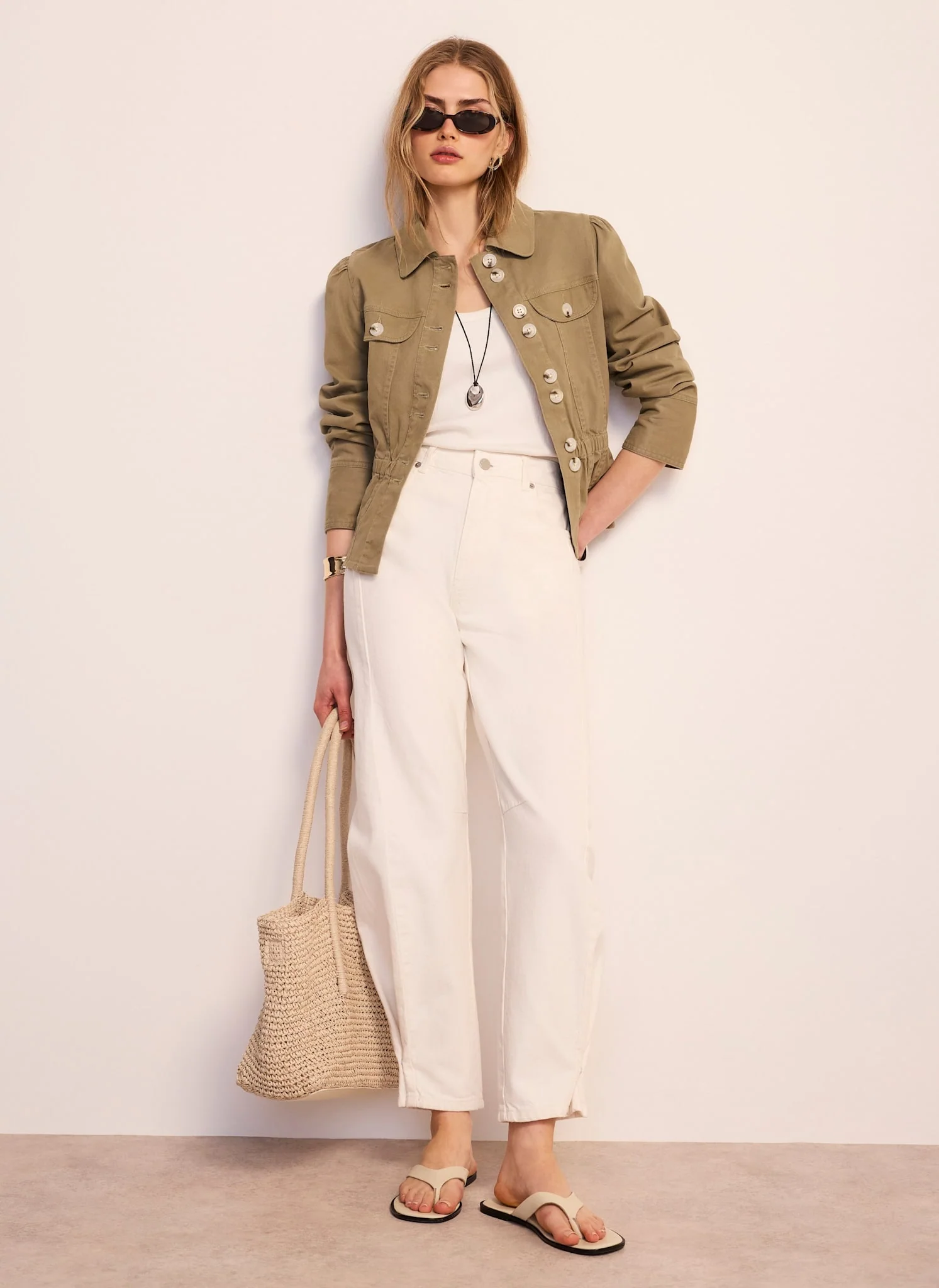 Khaki Cotton Blend Peplum Jacket - Image 5