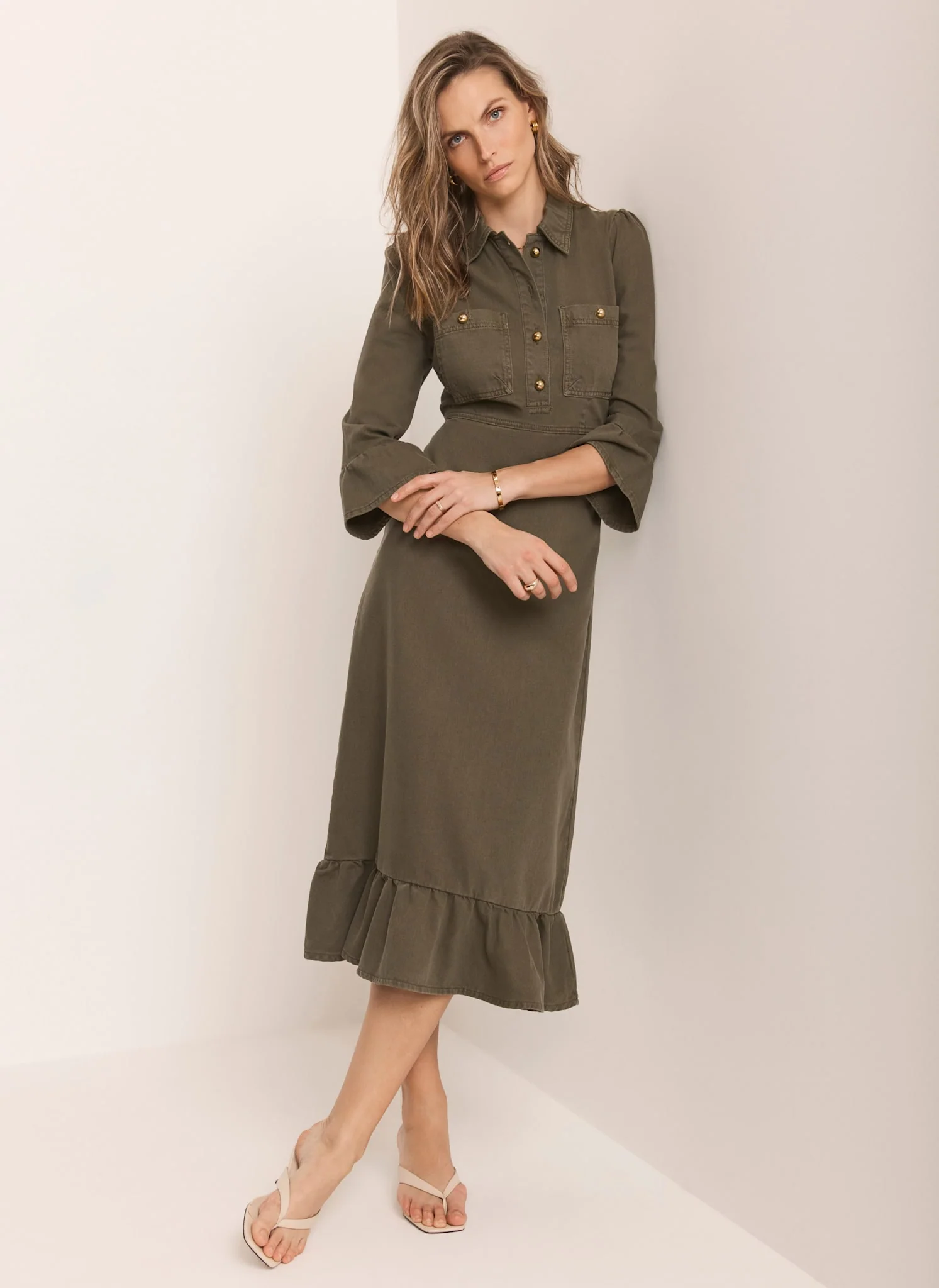 Khaki Denim Midi Shirt Dress - Image 5