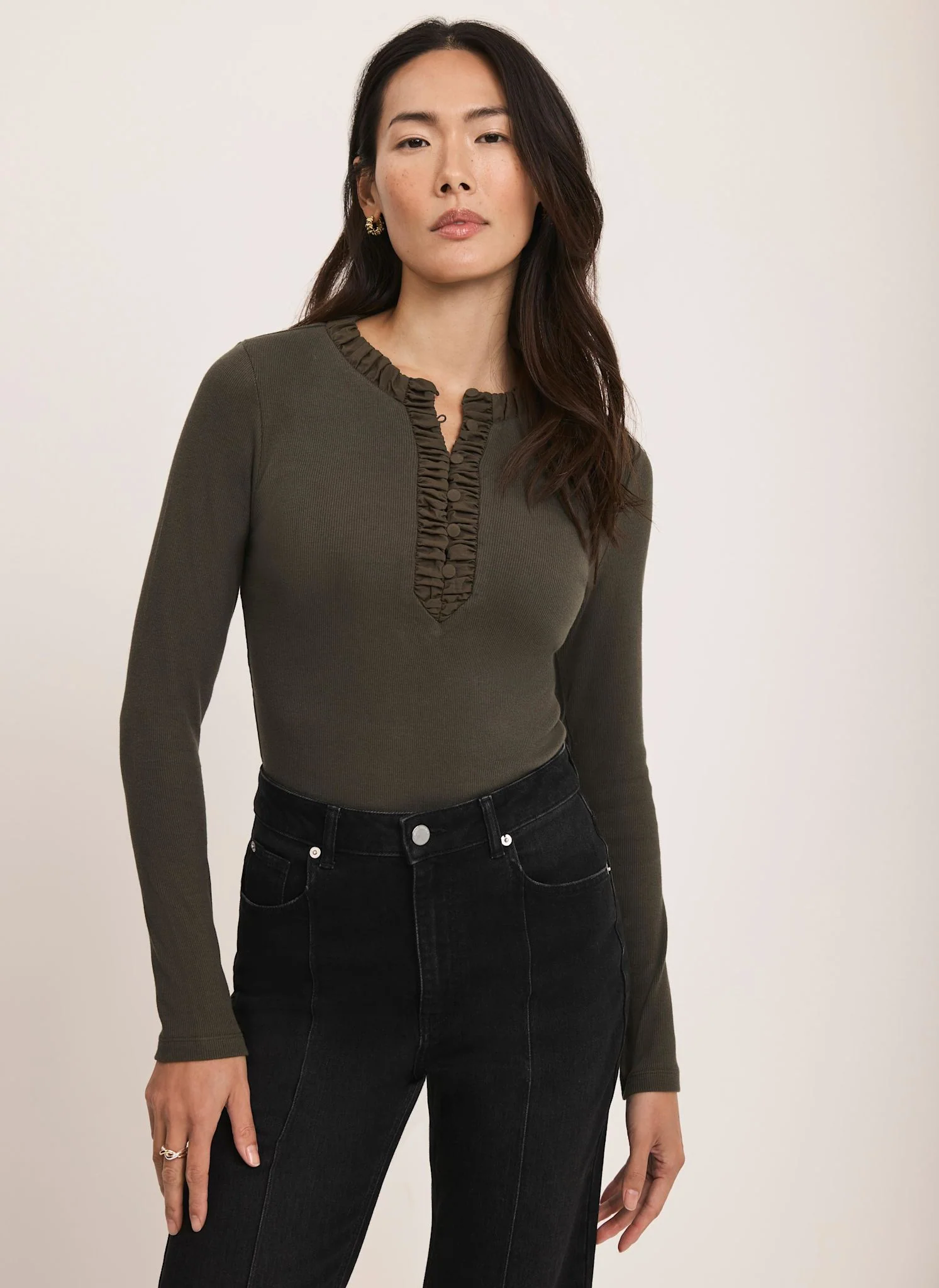 Khaki Cotton Blend Ruched Henley Top