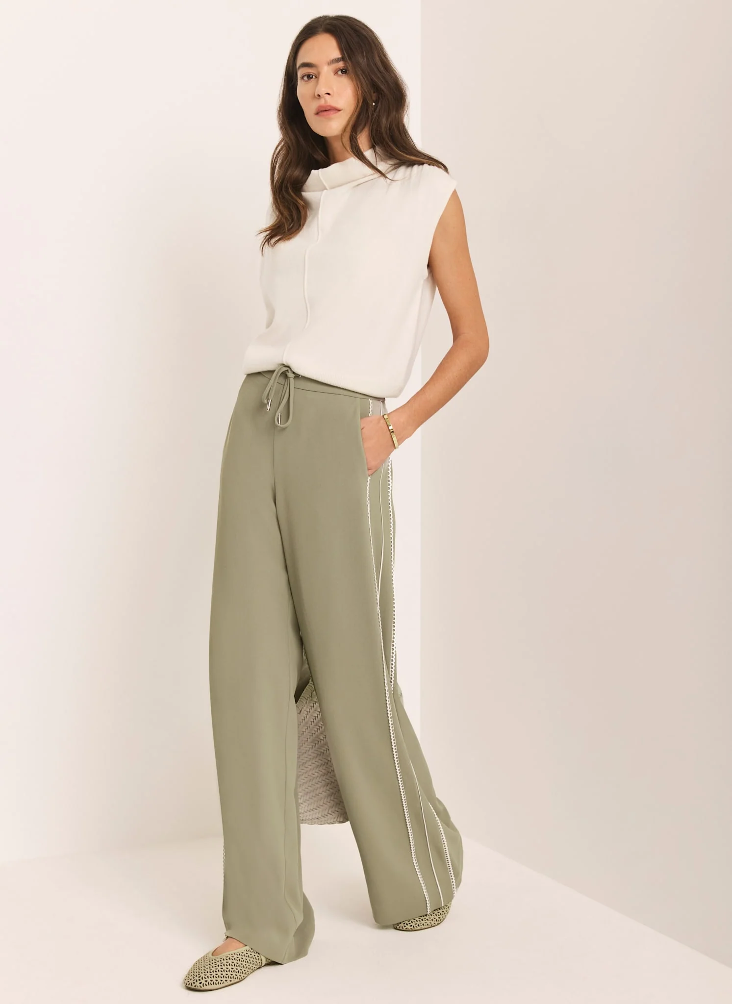 Khaki Scallop Side Stripe Wide Trousers - Image 3