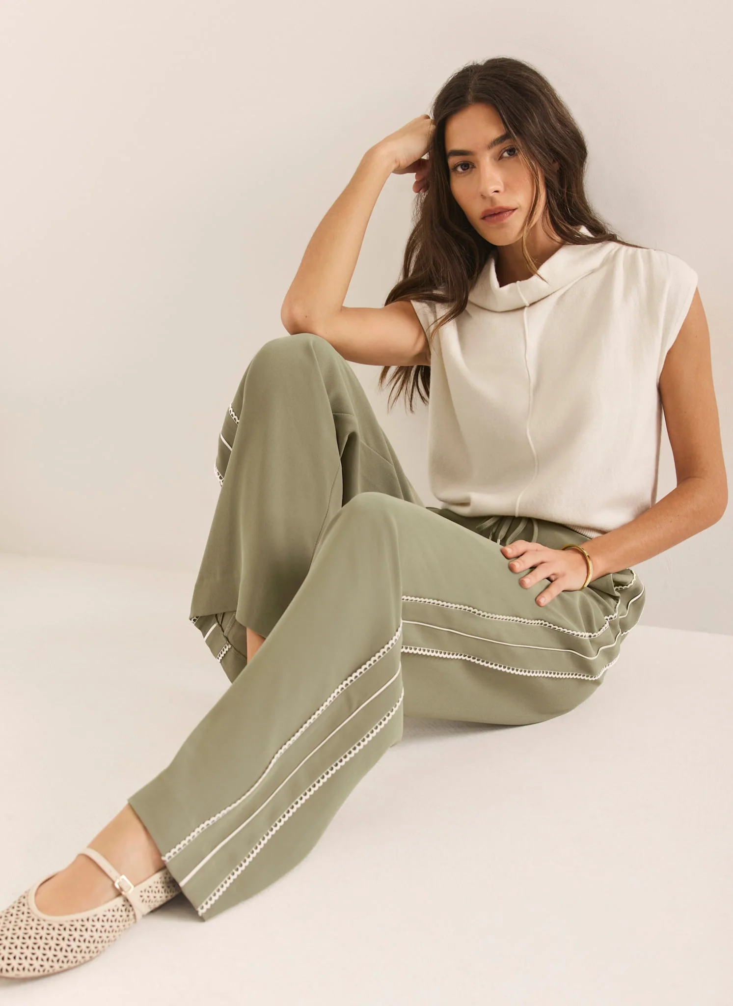 Khaki Scallop Side Stripe Wide Trousers - Image 6