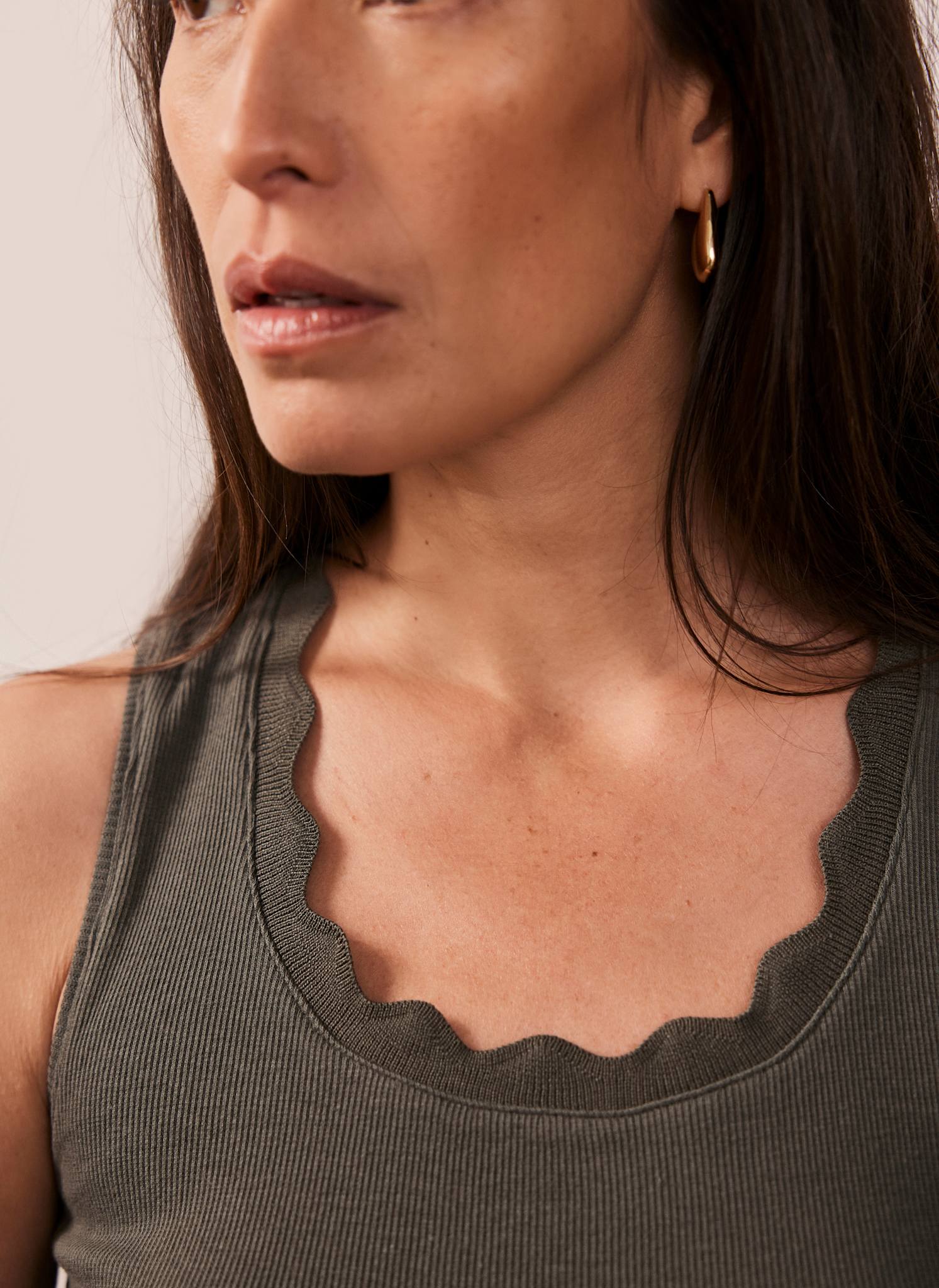 Khaki Scallop Trim Vest Top - Image 3