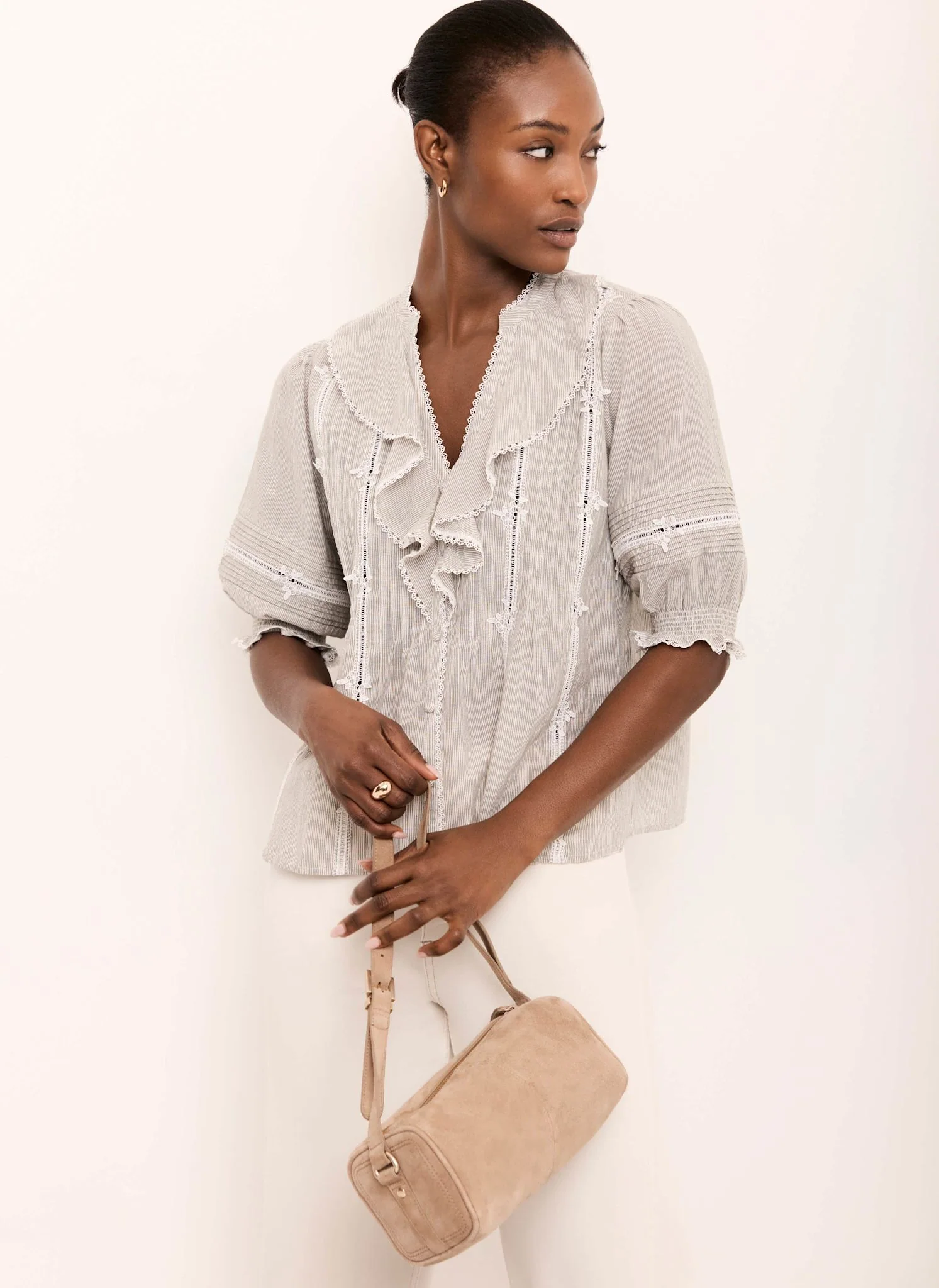 Cotton Stripe Ruffle Blouse