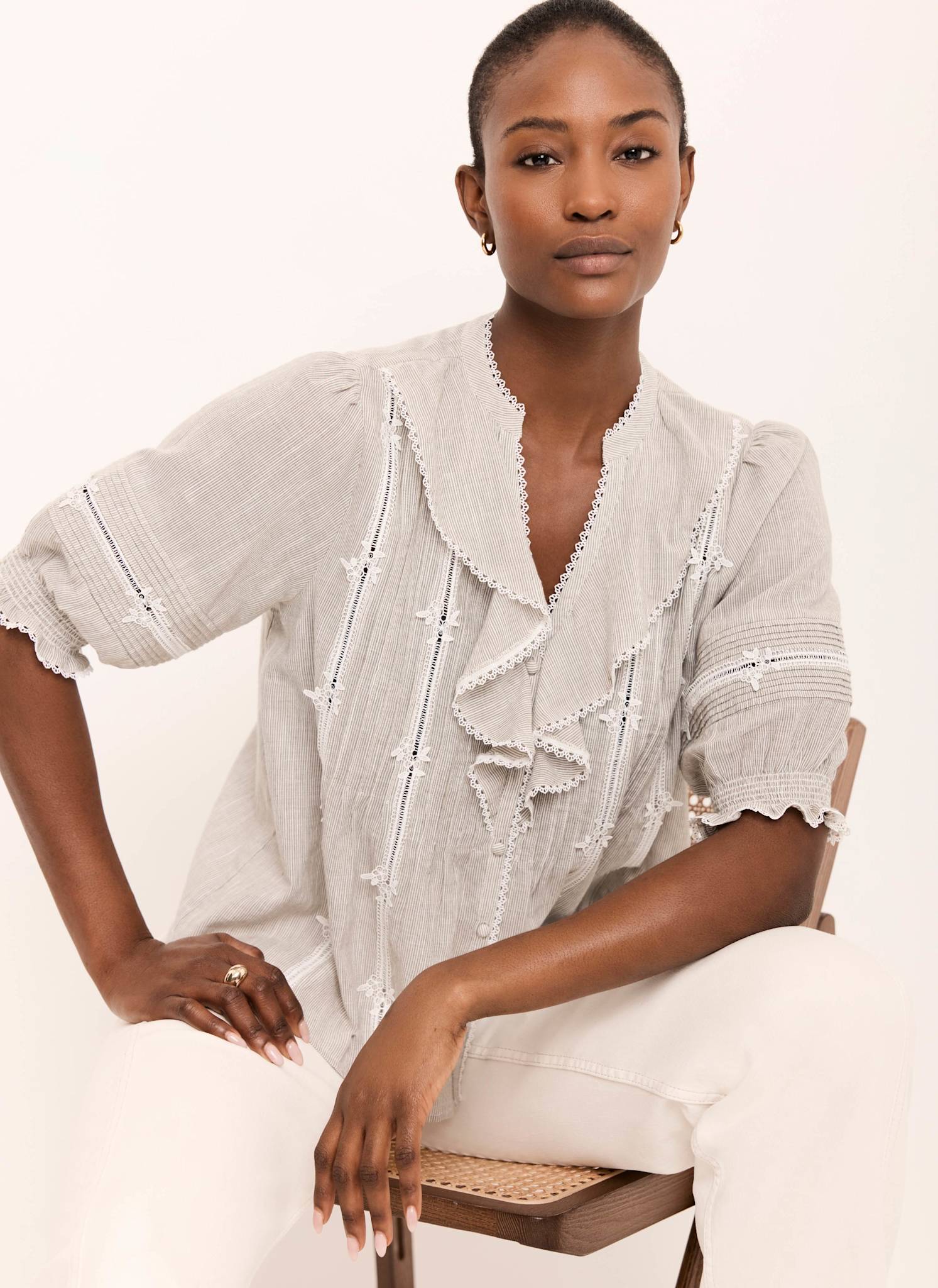 Cotton Stripe Ruffle Blouse - Image 2