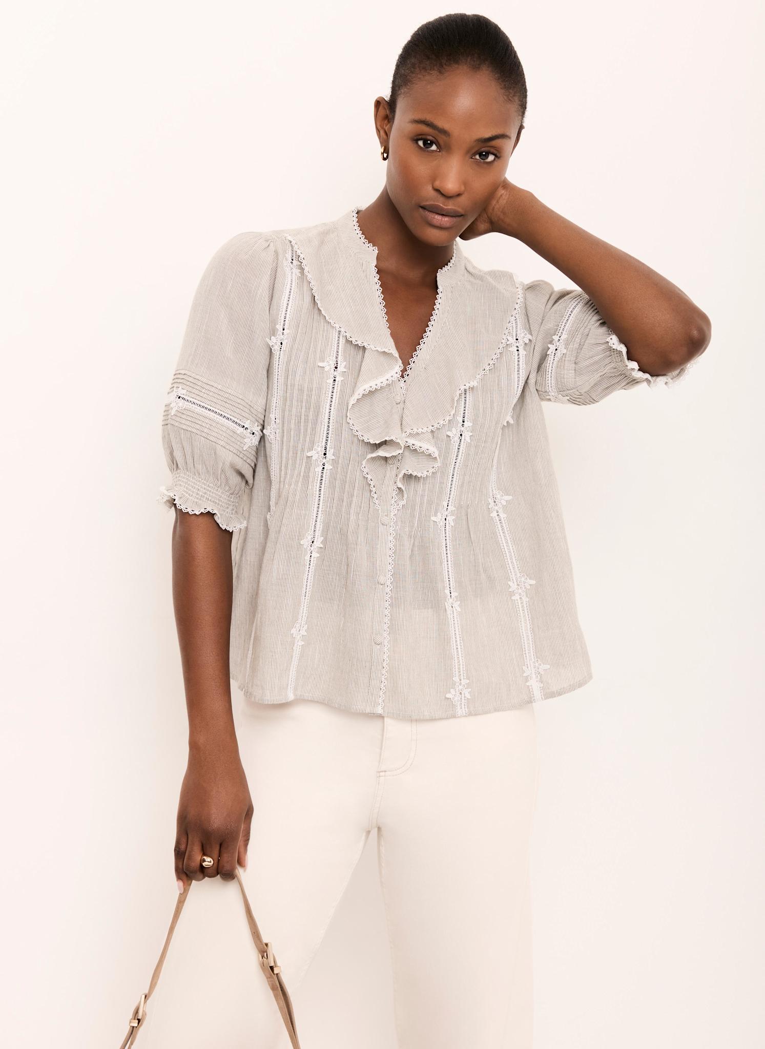 Cotton Stripe Ruffle Blouse - Image 3