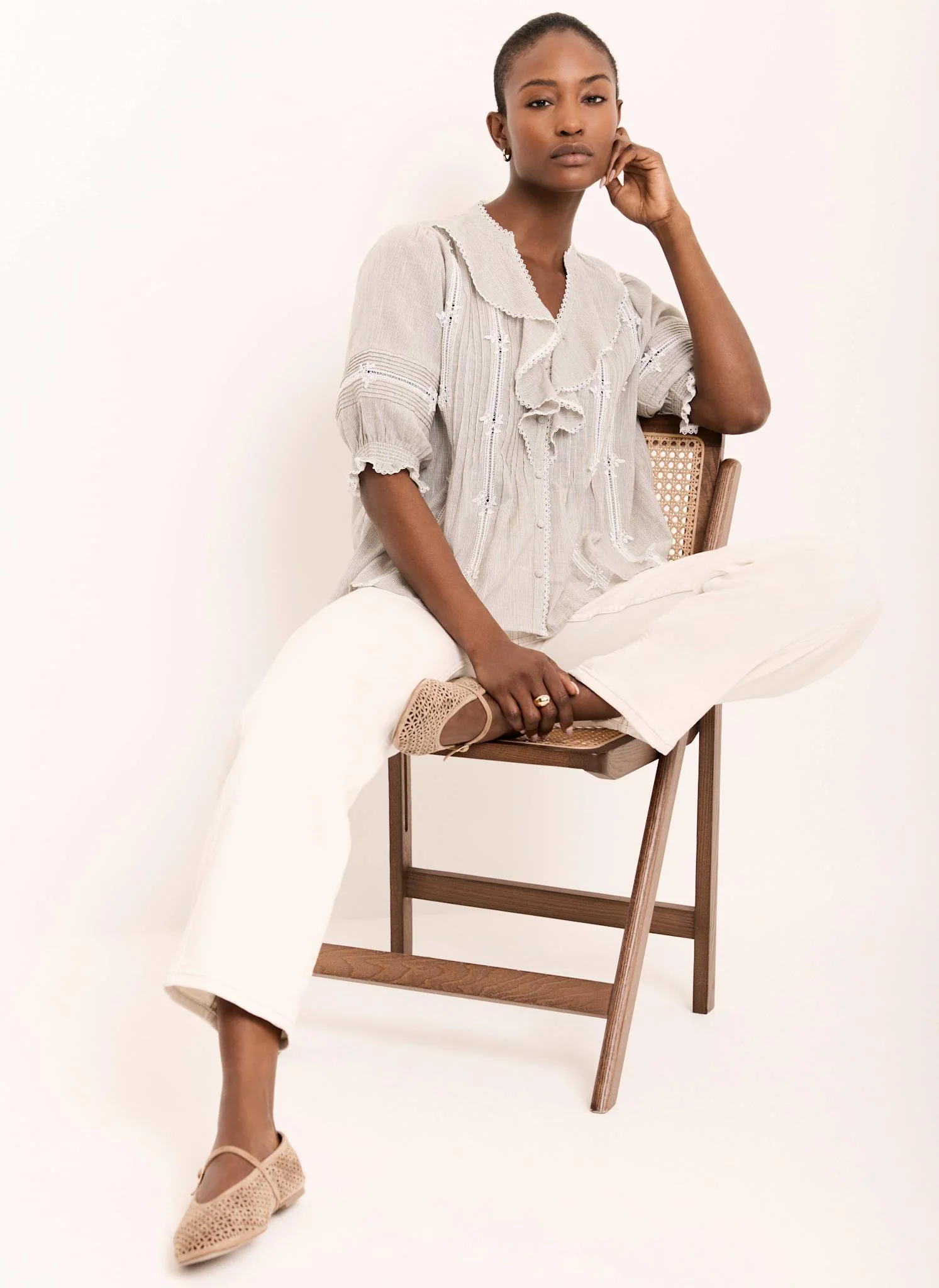 Cotton Stripe Ruffle Blouse - Image 5