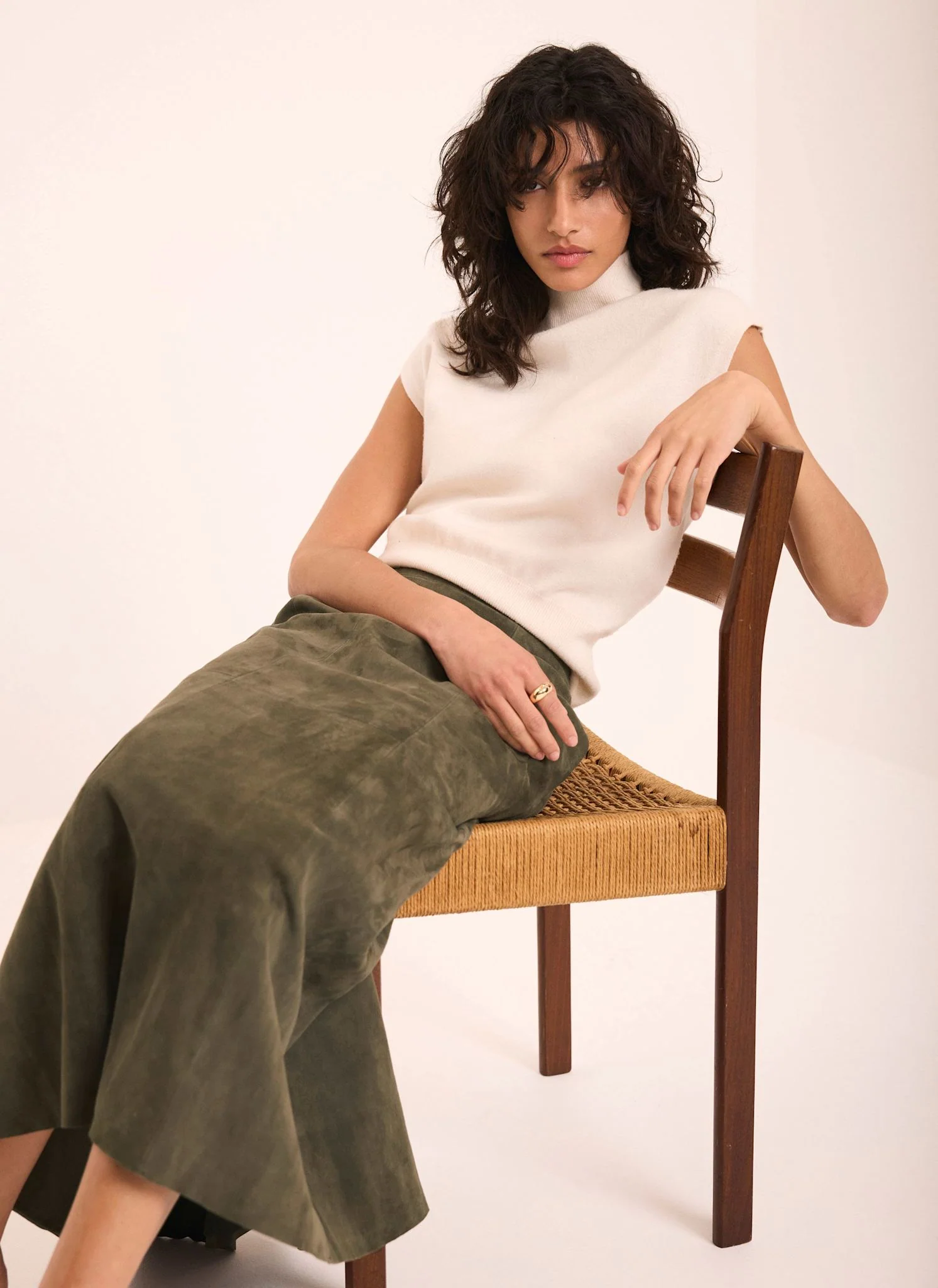 Khaki Suede Full Midi Skirt - Image 6