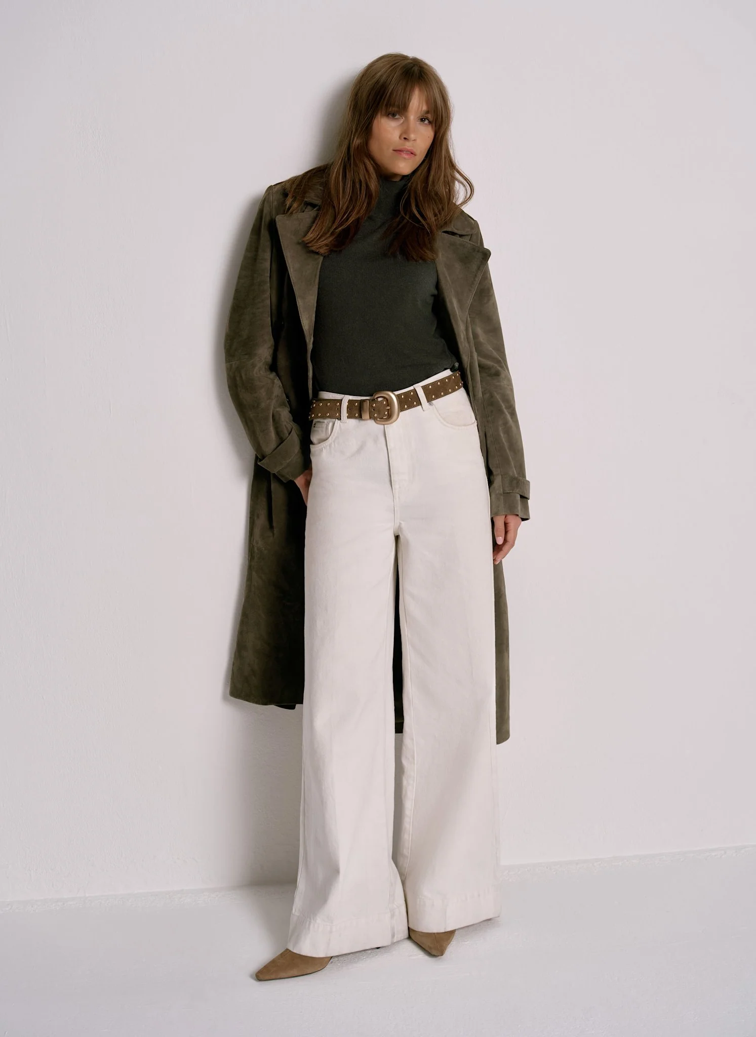 Khaki Suede Trench Coat - Image 3