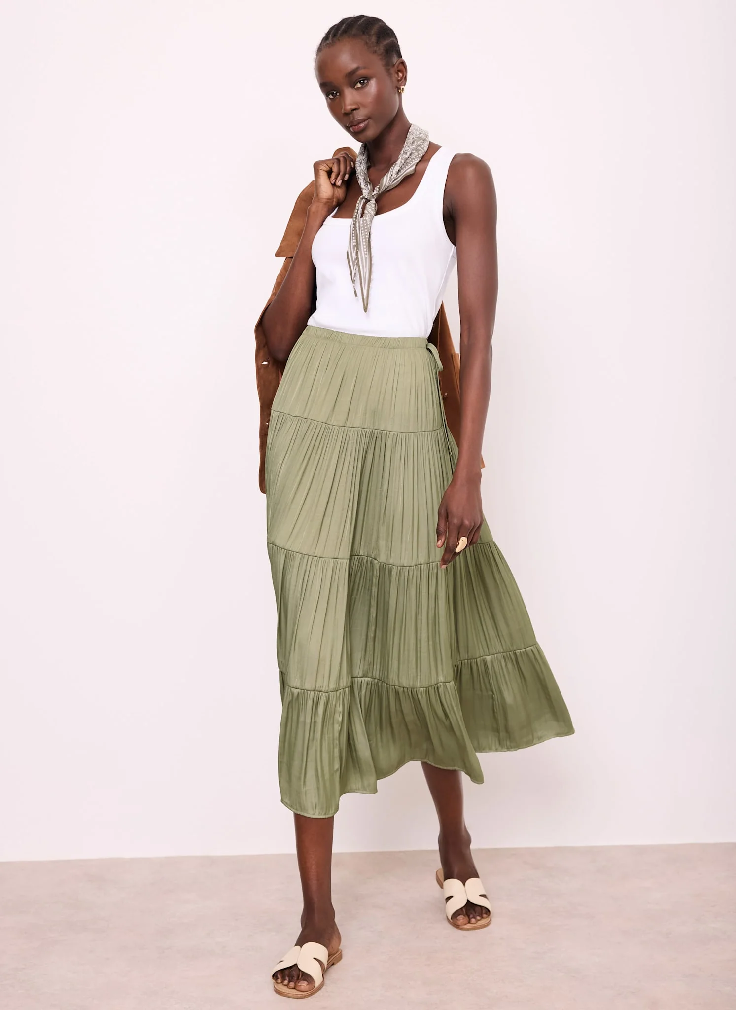 Khaki Satin Tiered Maxi Skirt - Image 2