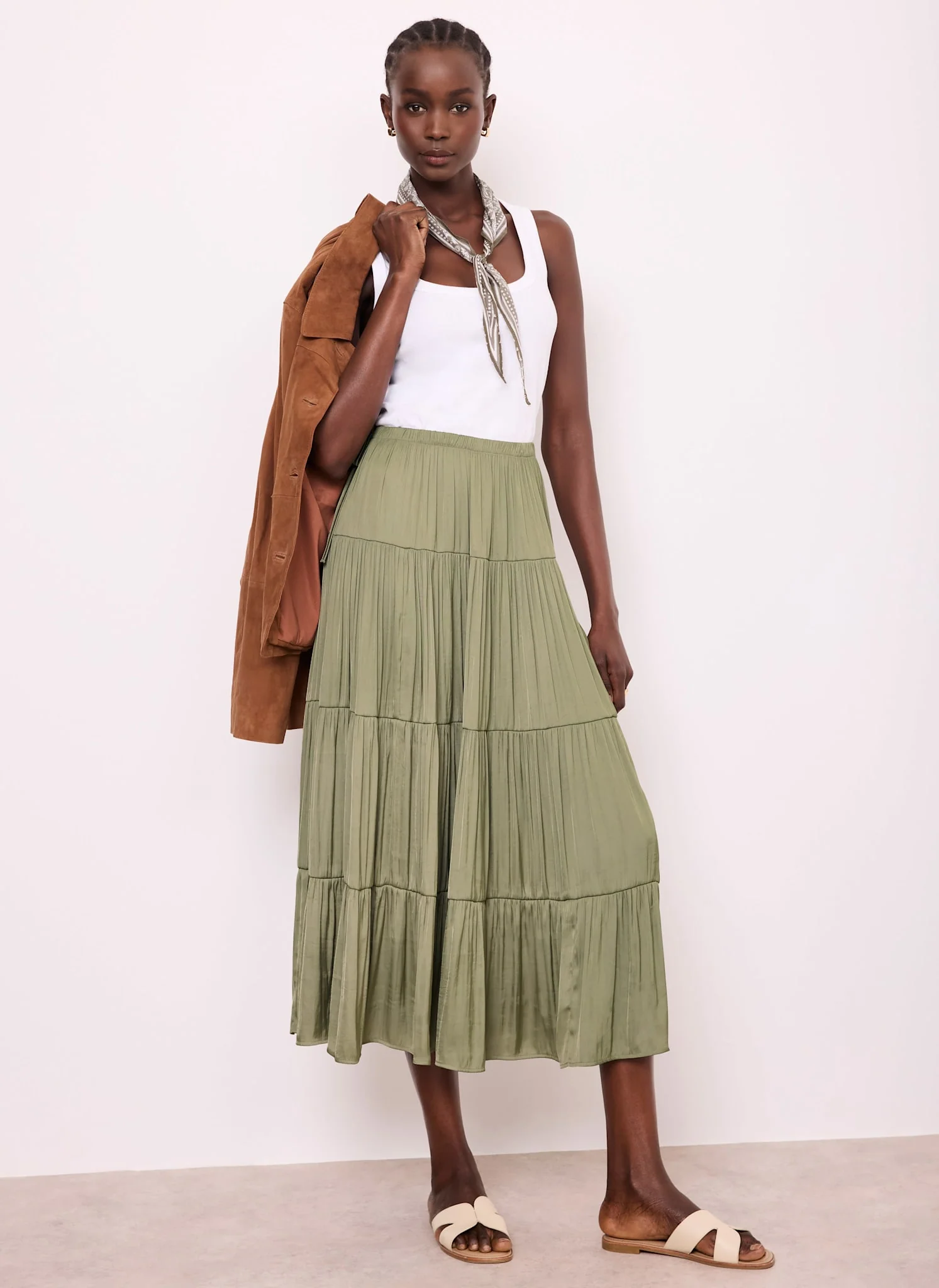 Khaki Satin Tiered Maxi Skirt - Image 3
