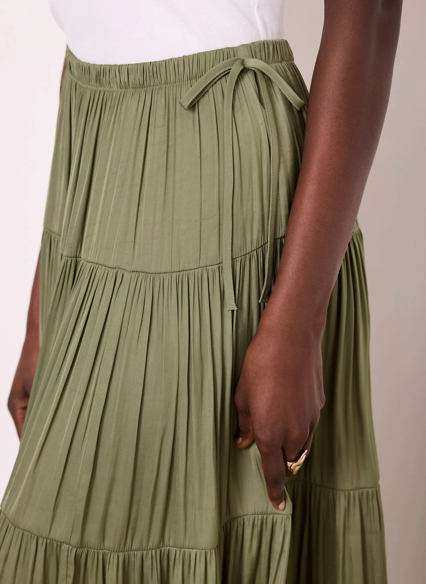 Khaki Satin Tiered Maxi Skirt - Image 4