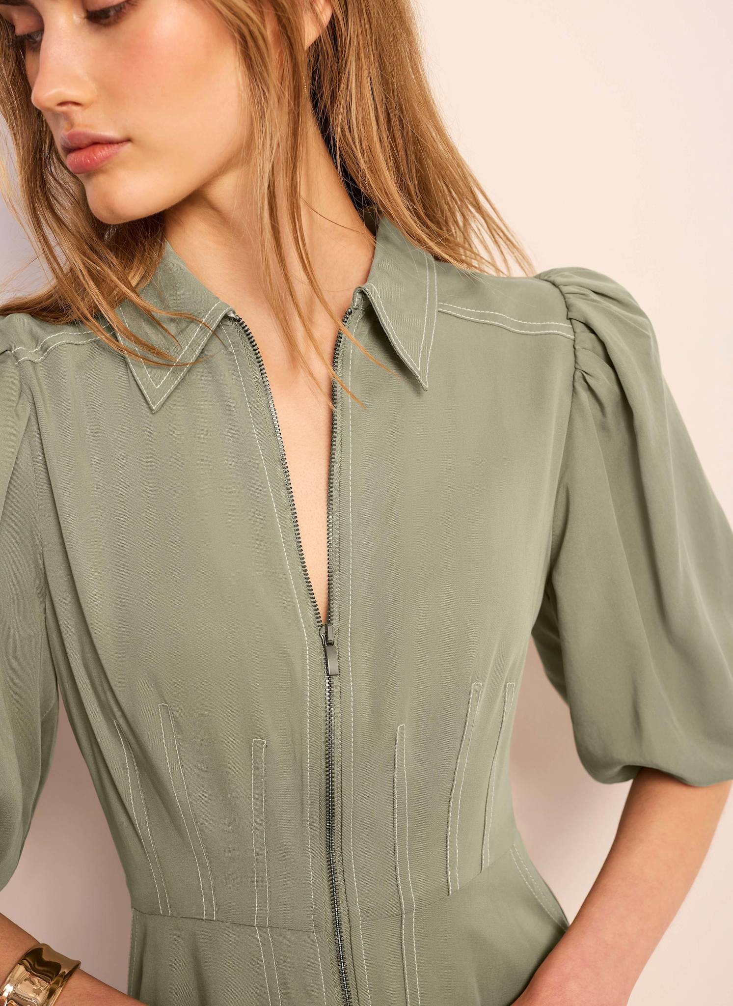 Khaki Utility Zip Midi Shirt Dress - Image 3