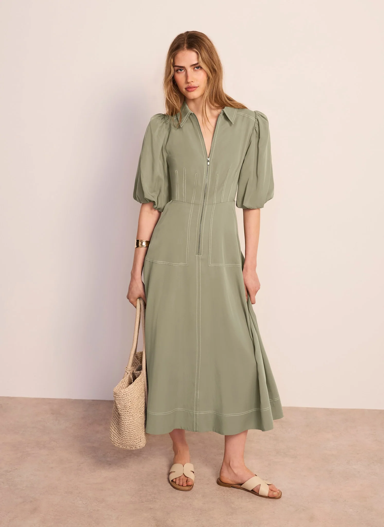 Khaki Utility Zip Midi Shirt Dress - Image 4