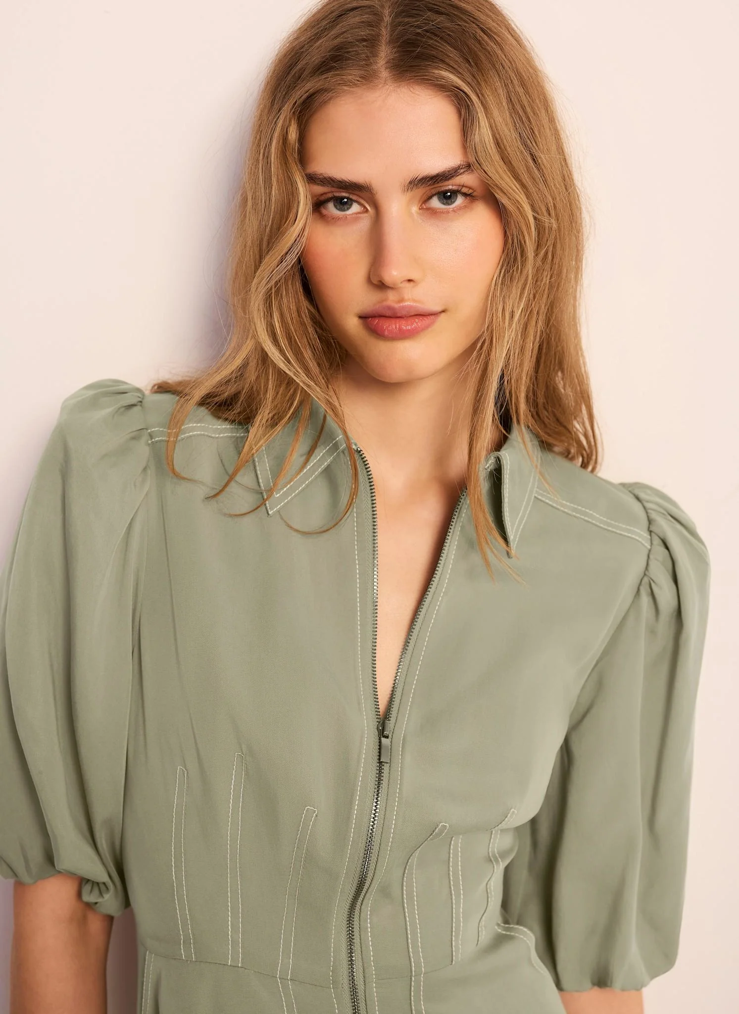 Khaki Utility Zip Midi Shirt Dress - Image 5