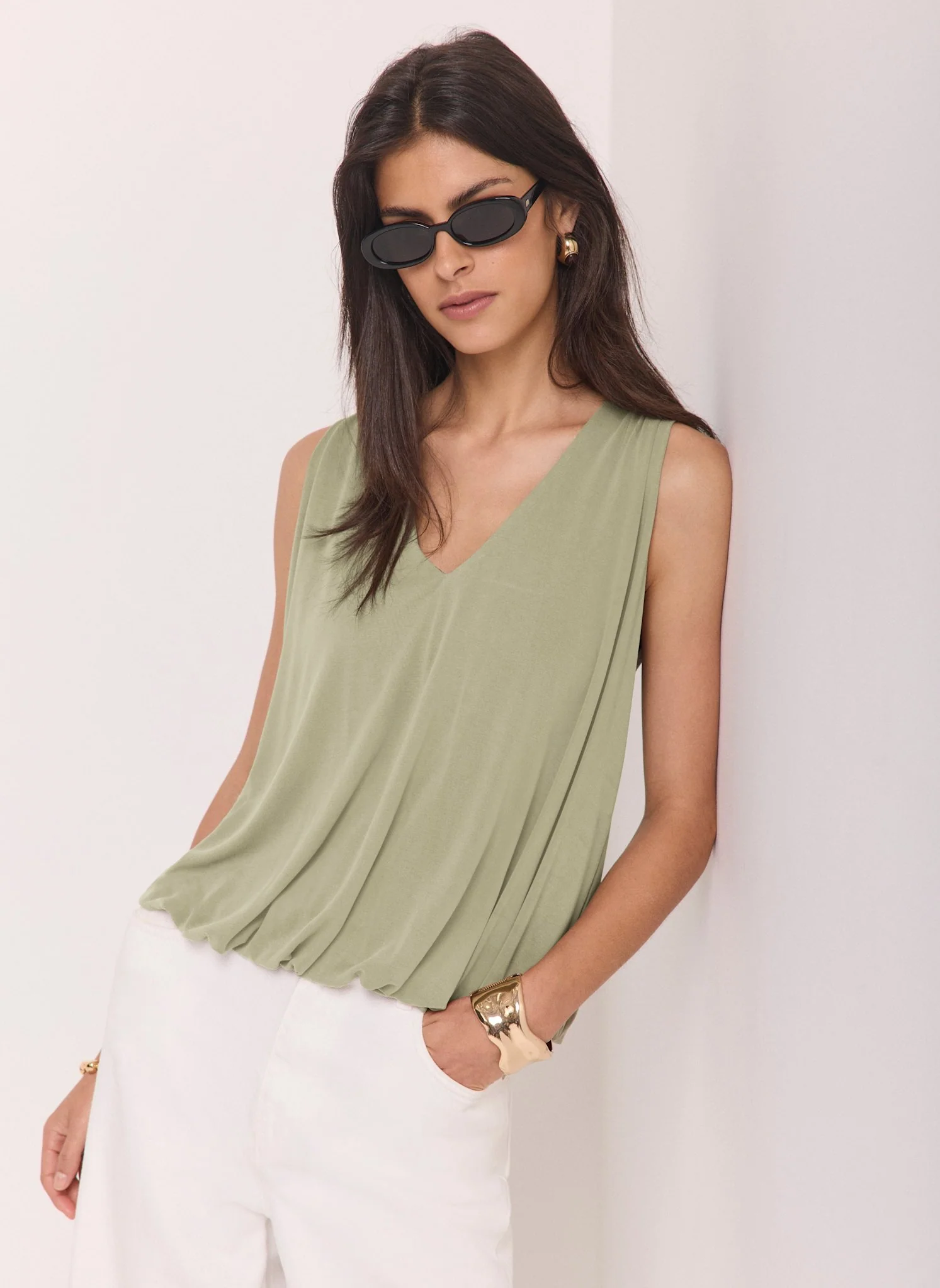 Khaki V Neck Bubble Hem Top