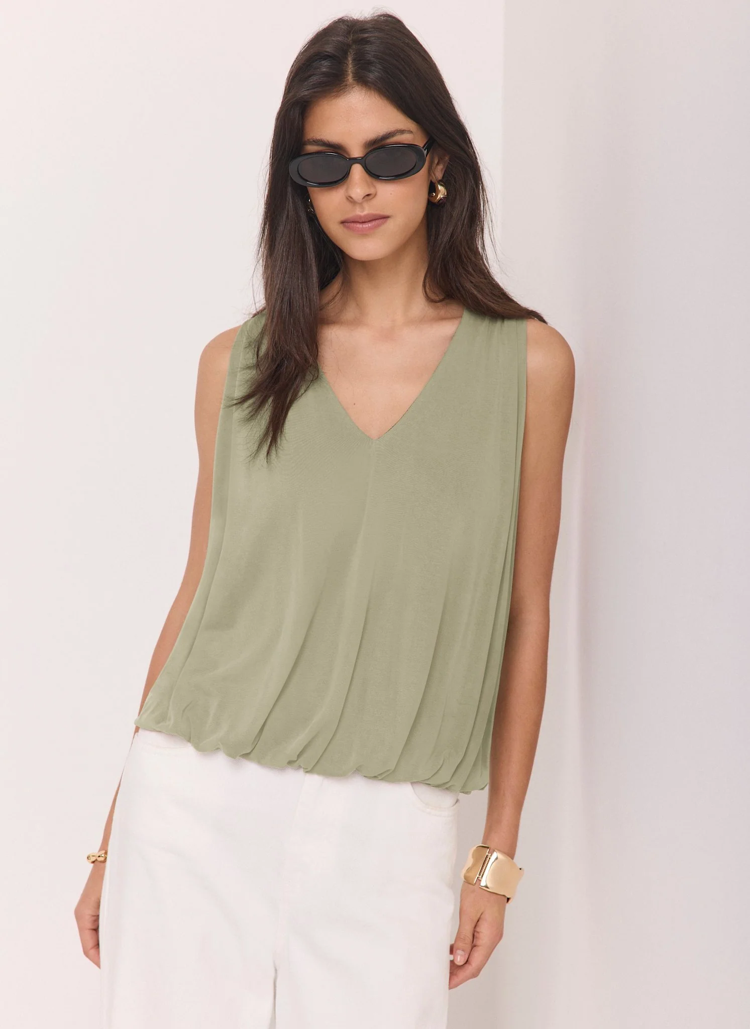 Khaki V Neck Bubble Hem Top - Image 4