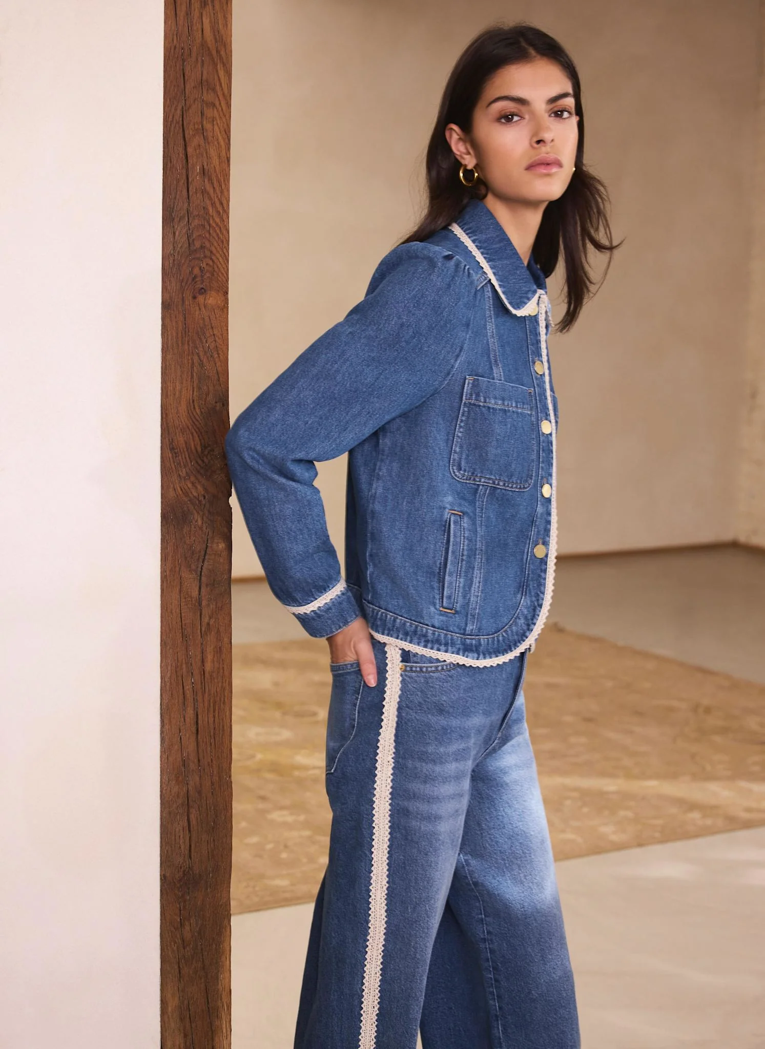 Mid Indigo Crochet Trim Denim Jacket - Image 4