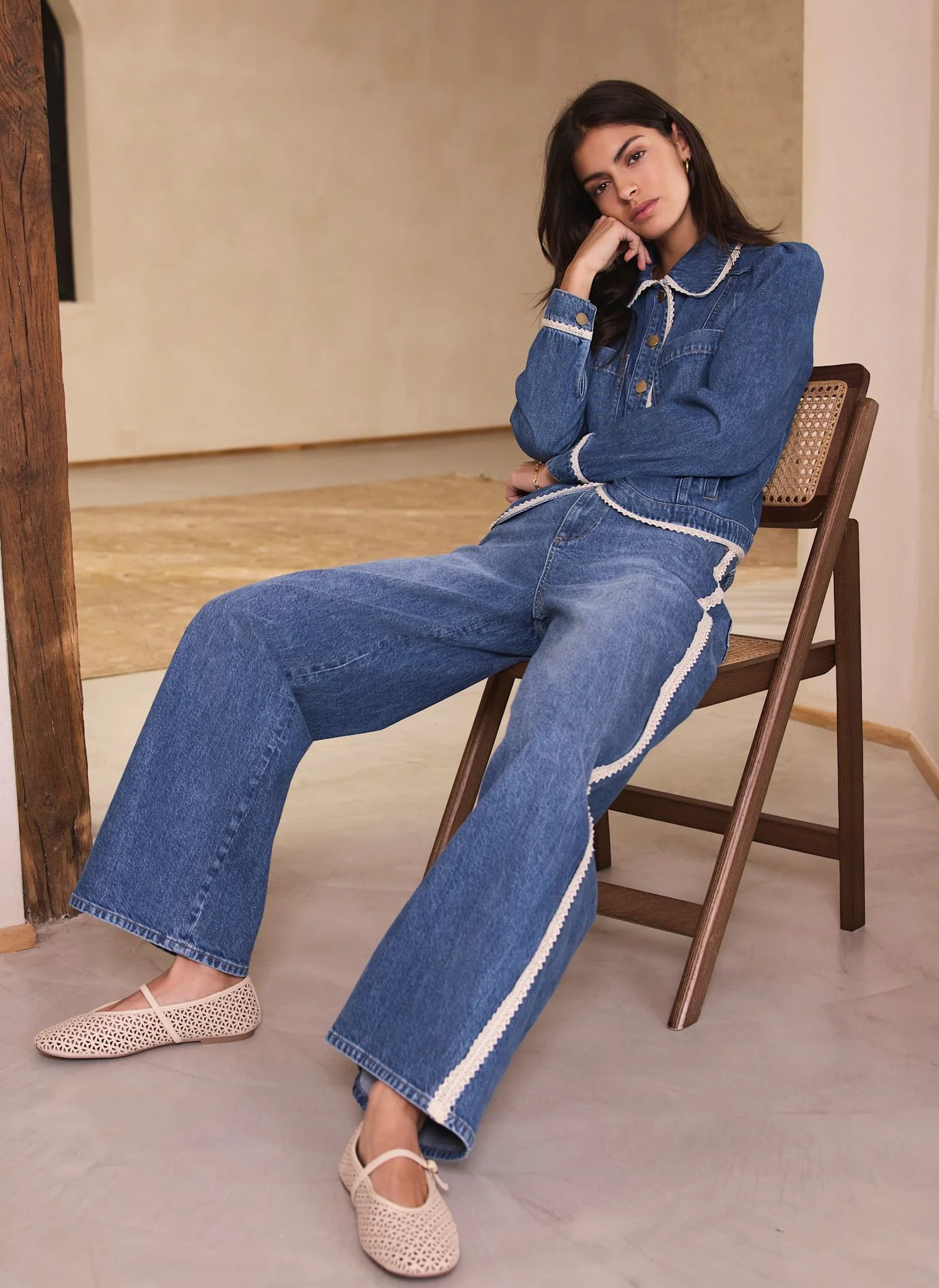 Mid Indigo Crochet Trim Straight Jeans - Image 3