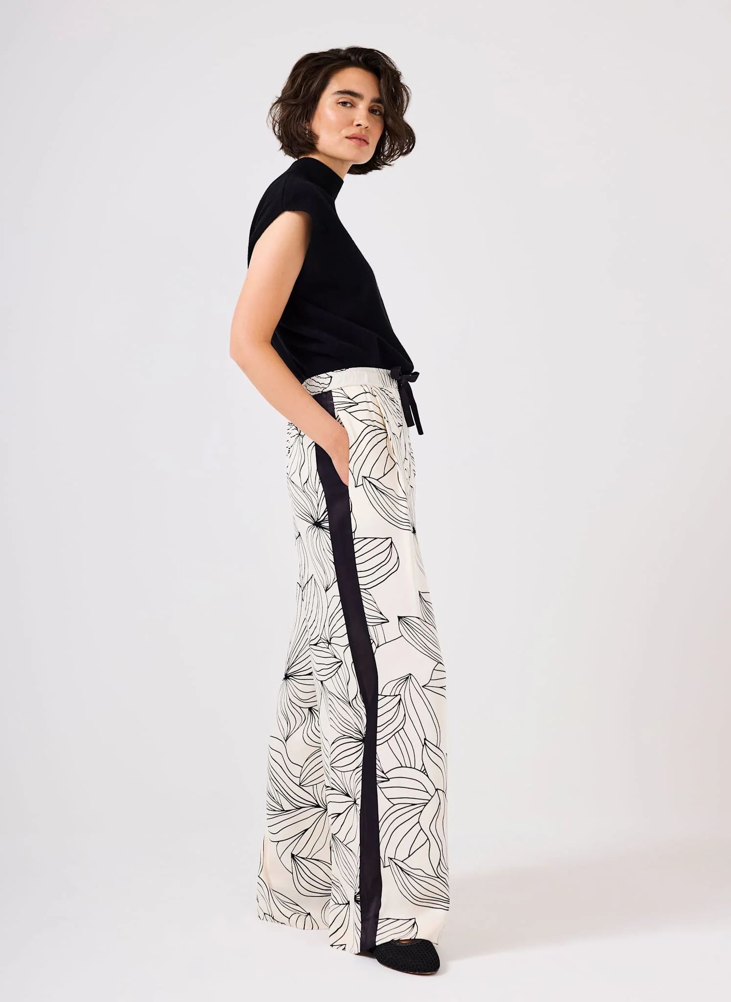 Cream Floral Print Wide Satin Trousers