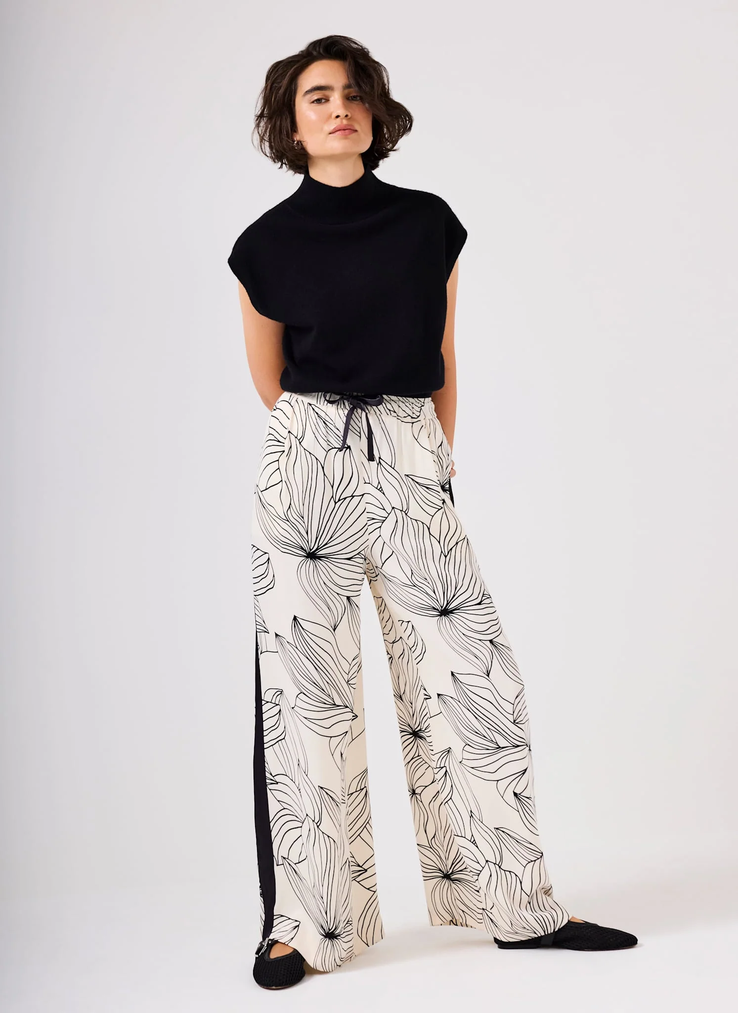 Cream Floral Print Wide Satin Trousers - Image 2