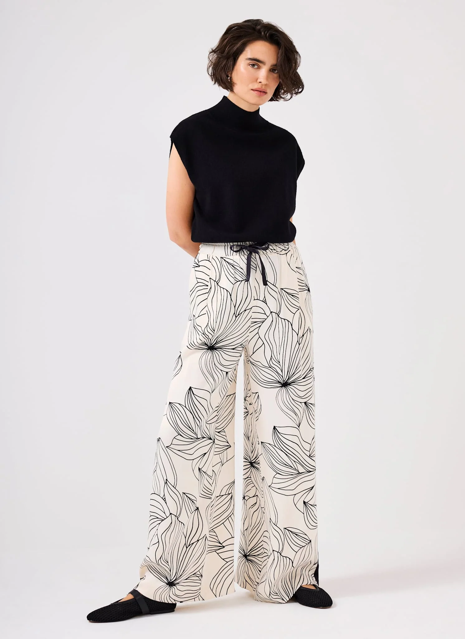 Cream Floral Print Wide Satin Trousers - Image 3