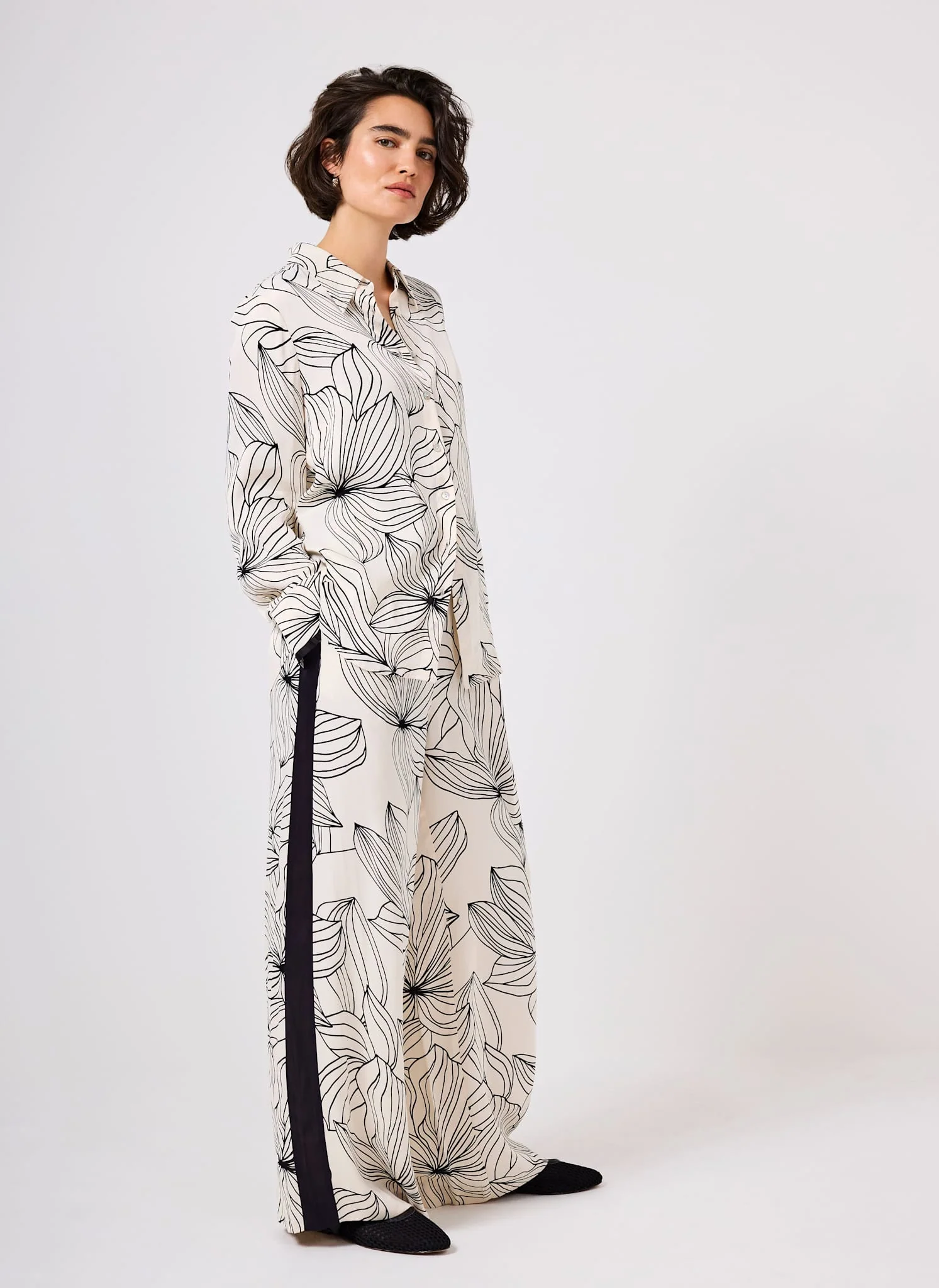 Cream Floral Print Wide Satin Trousers - Image 5
