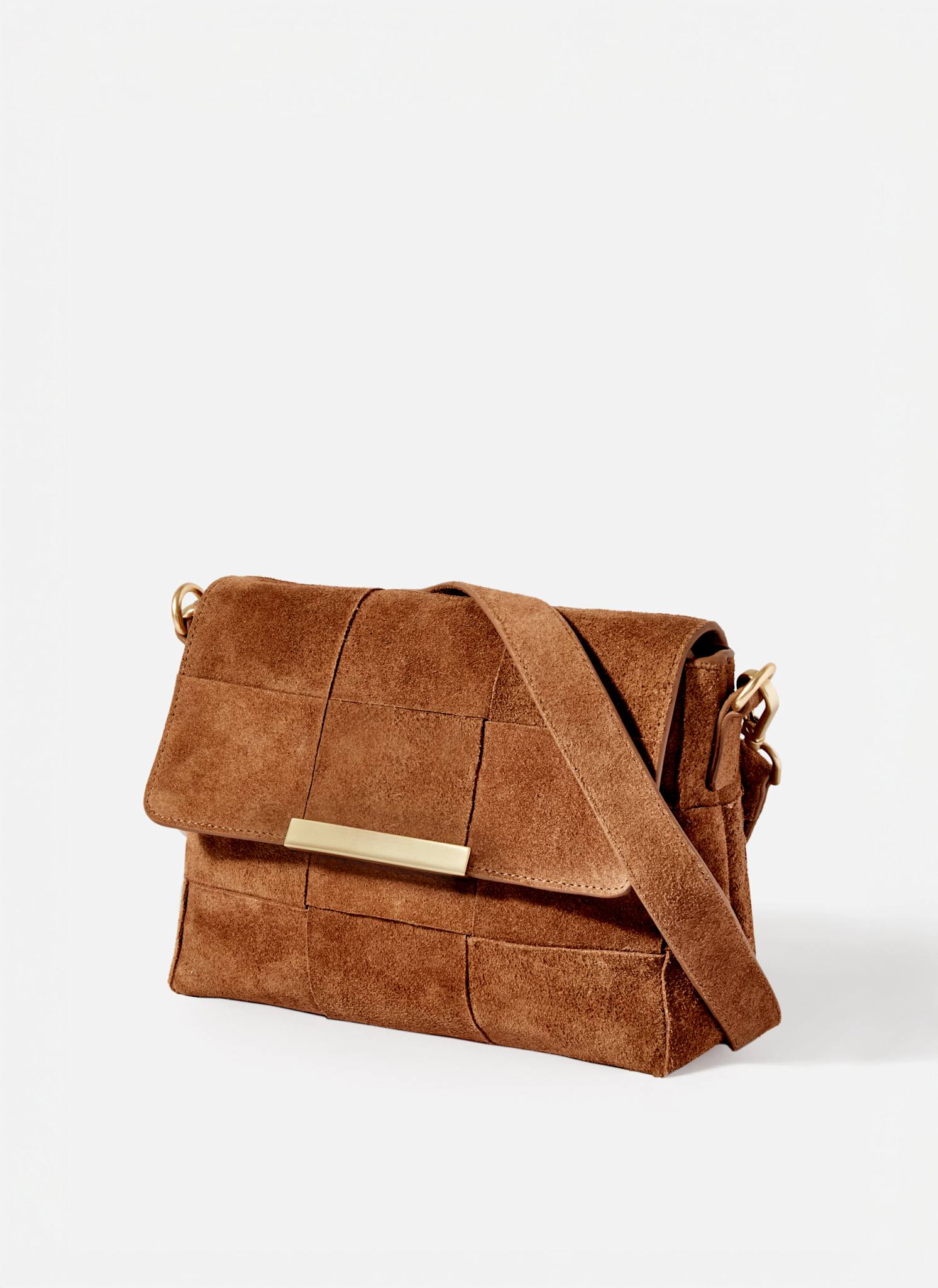 Lara Tan Suede Woven Crossbody Bag - Image 4