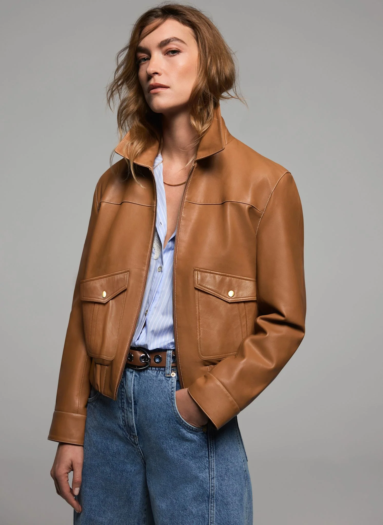 Tan Leather Collared Bomber Jacket - Image 2