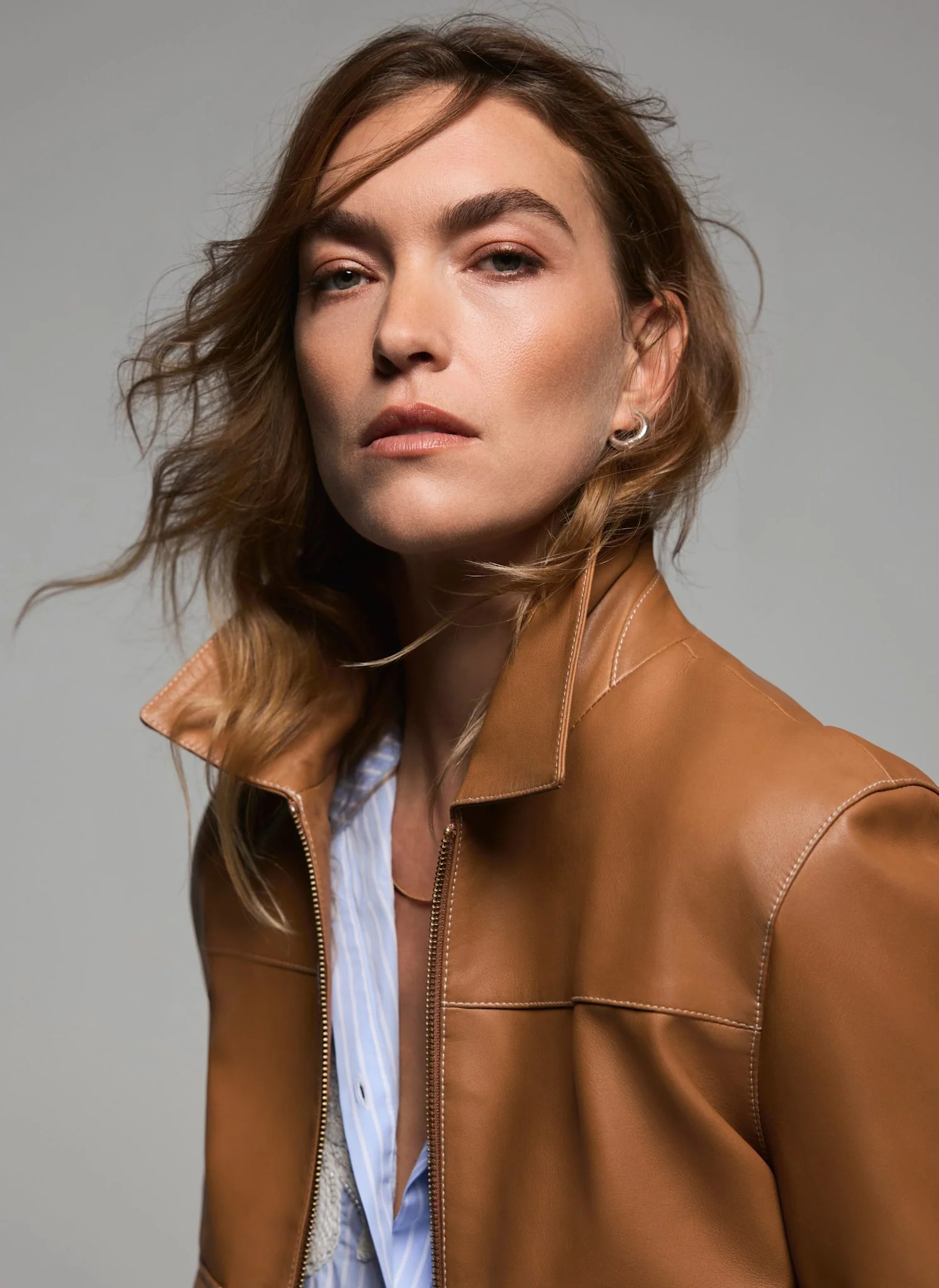 Tan Leather Collared Bomber Jacket - Image 3