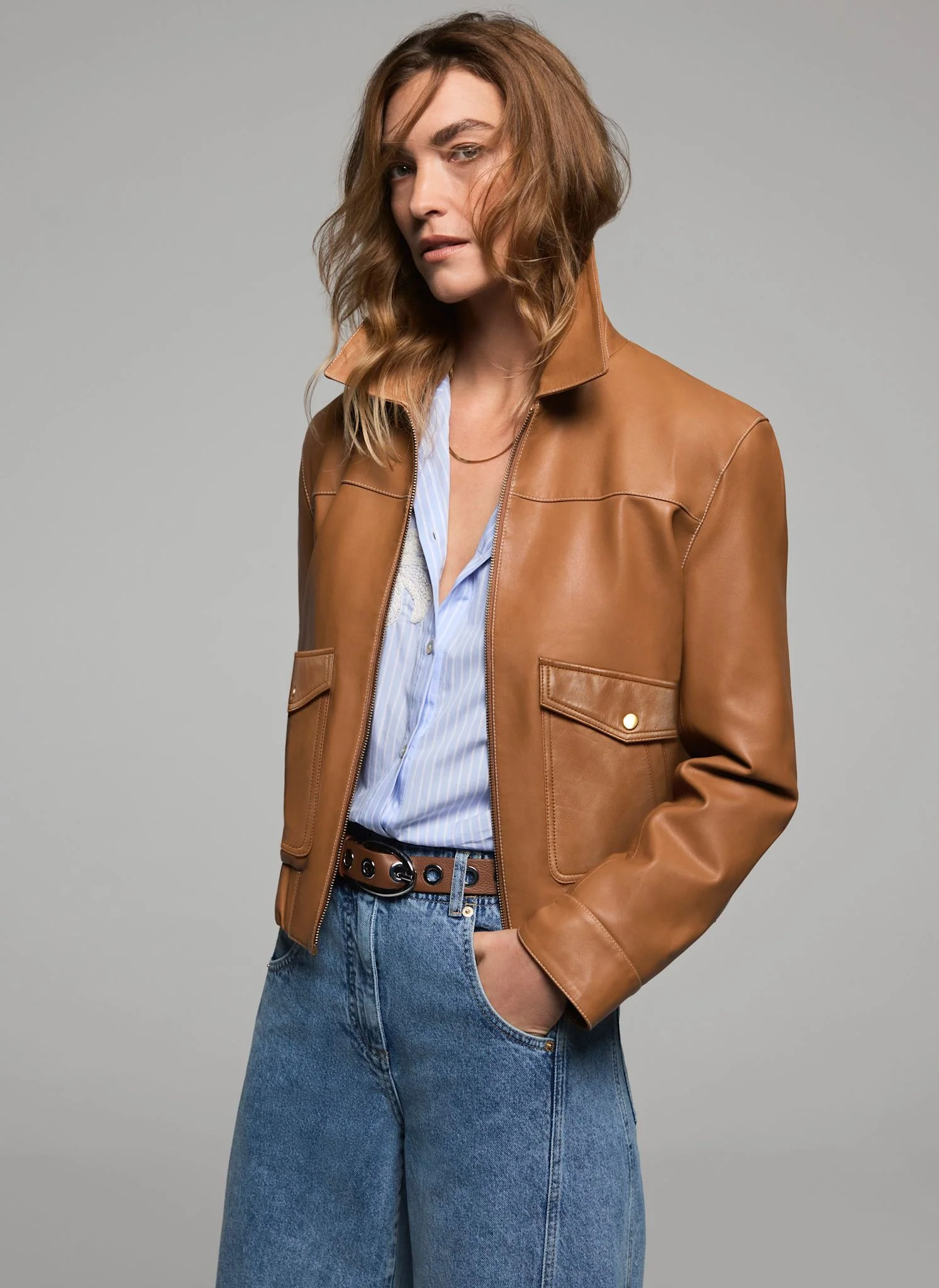 Tan Leather Collared Bomber Jacket - Image 4