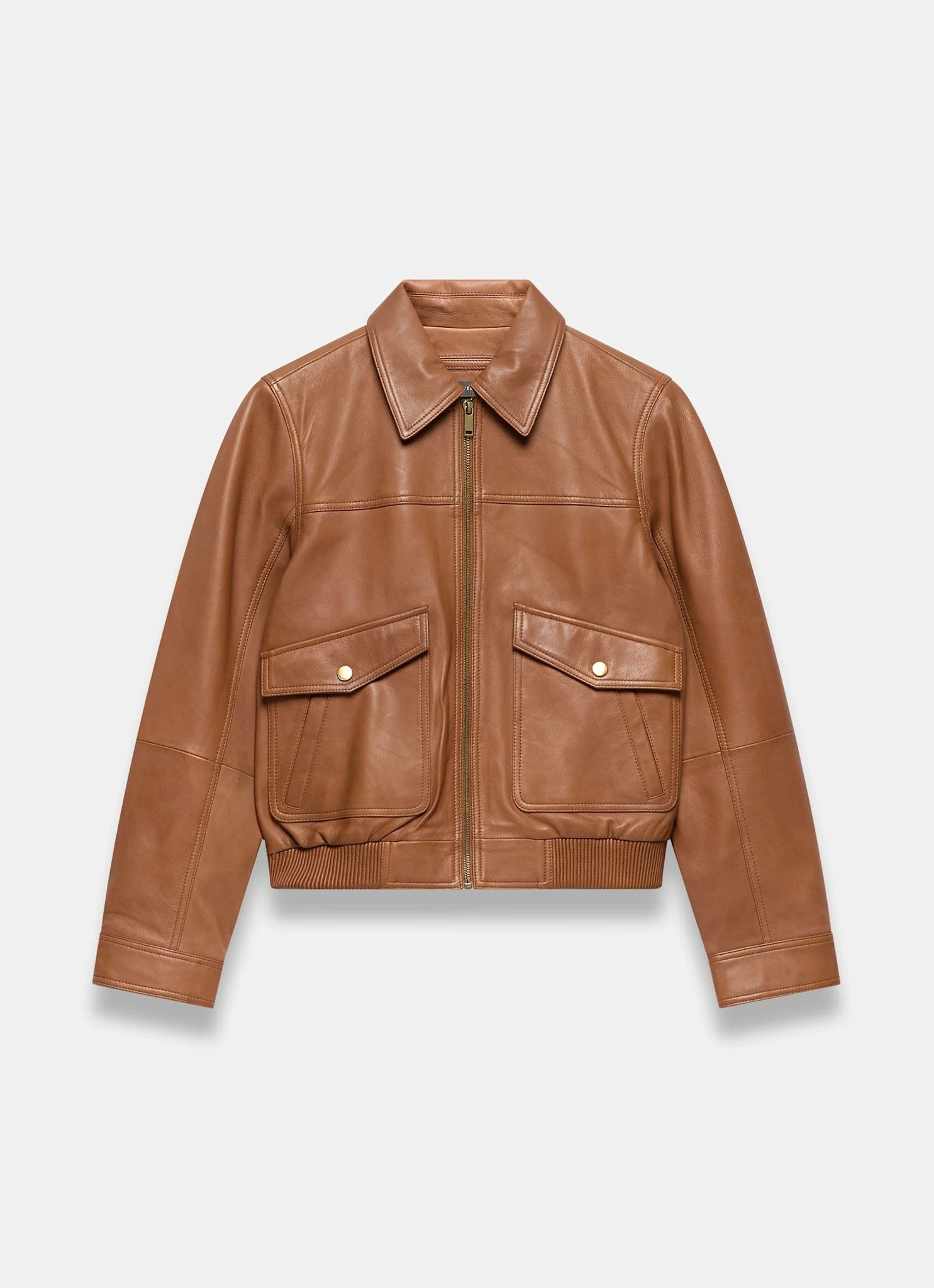 Tan Leather Collared Bomber Jacket - Image 5
