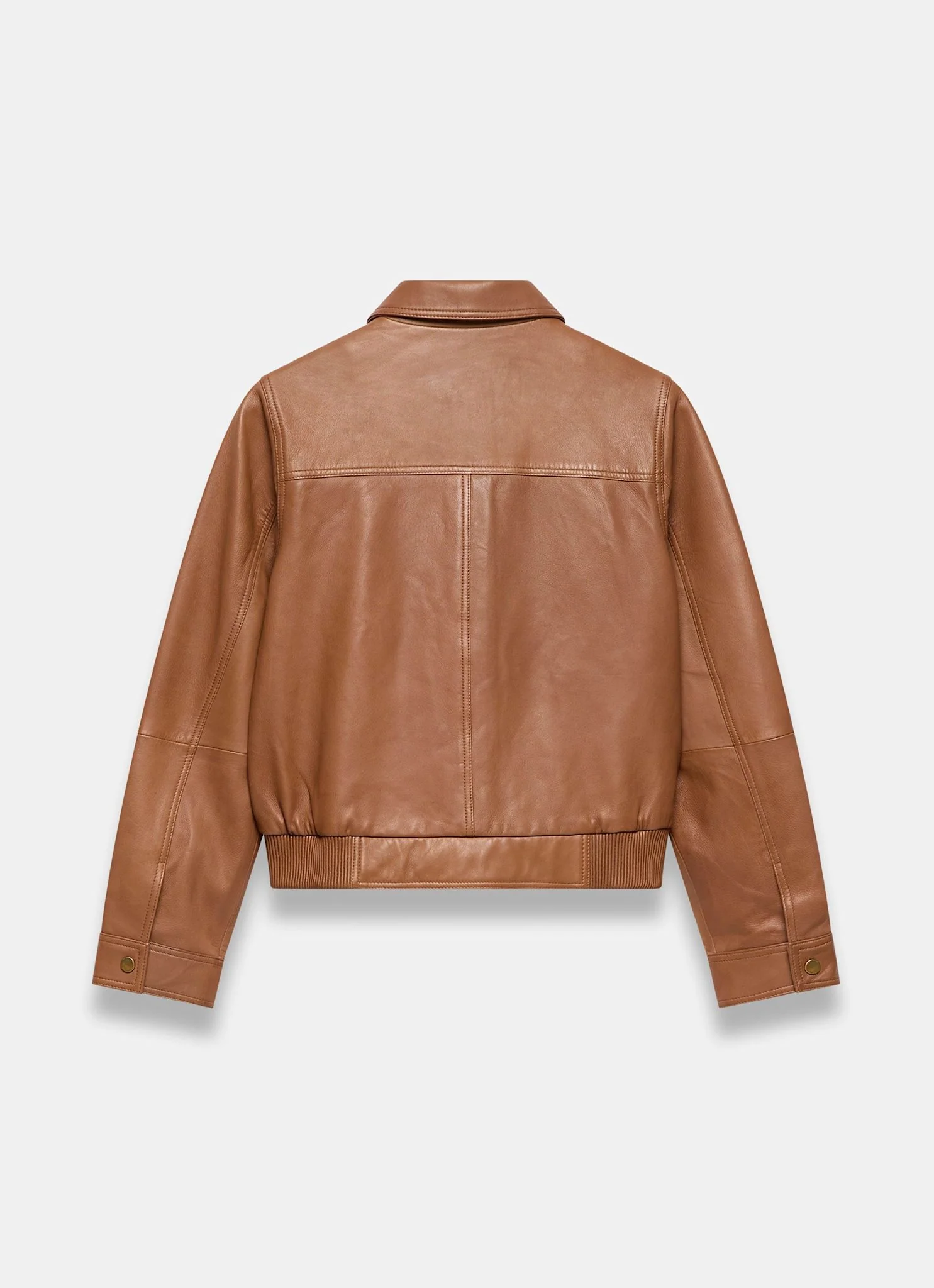 Tan Leather Collared Bomber Jacket - Image 6