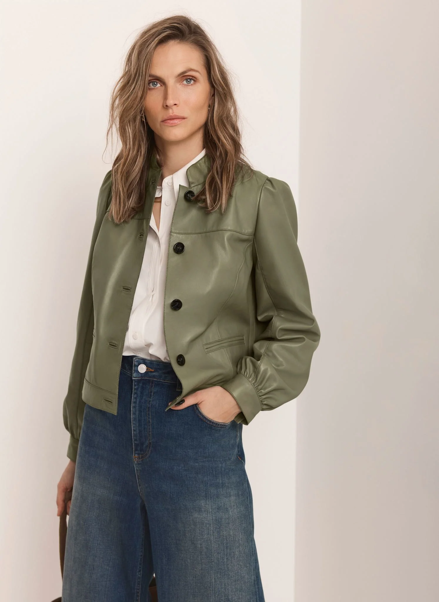 Green Leather Puff Sleeve Jacket - Image 2