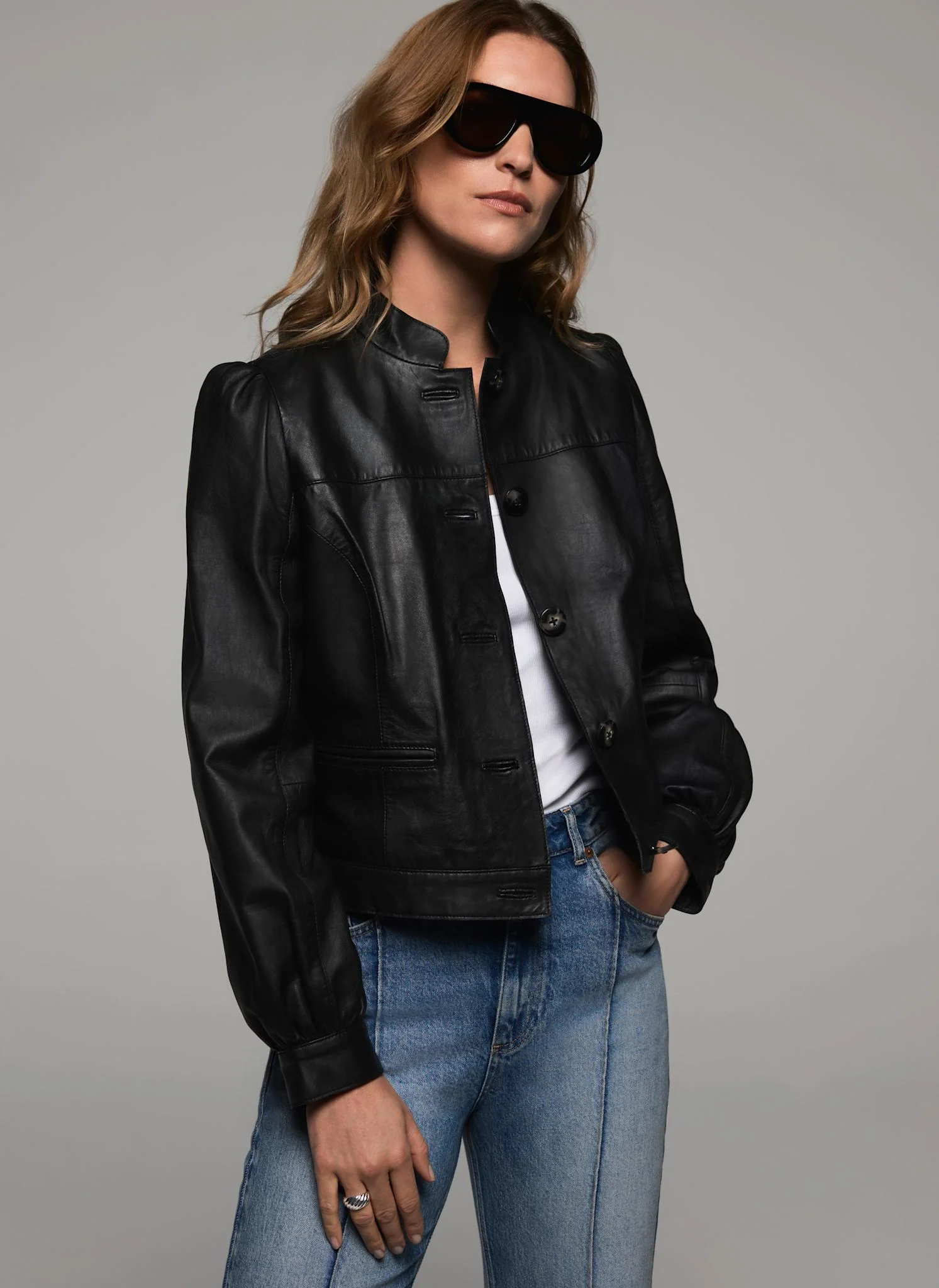 Black Leather Puff Sleeve Jacket - Image 3