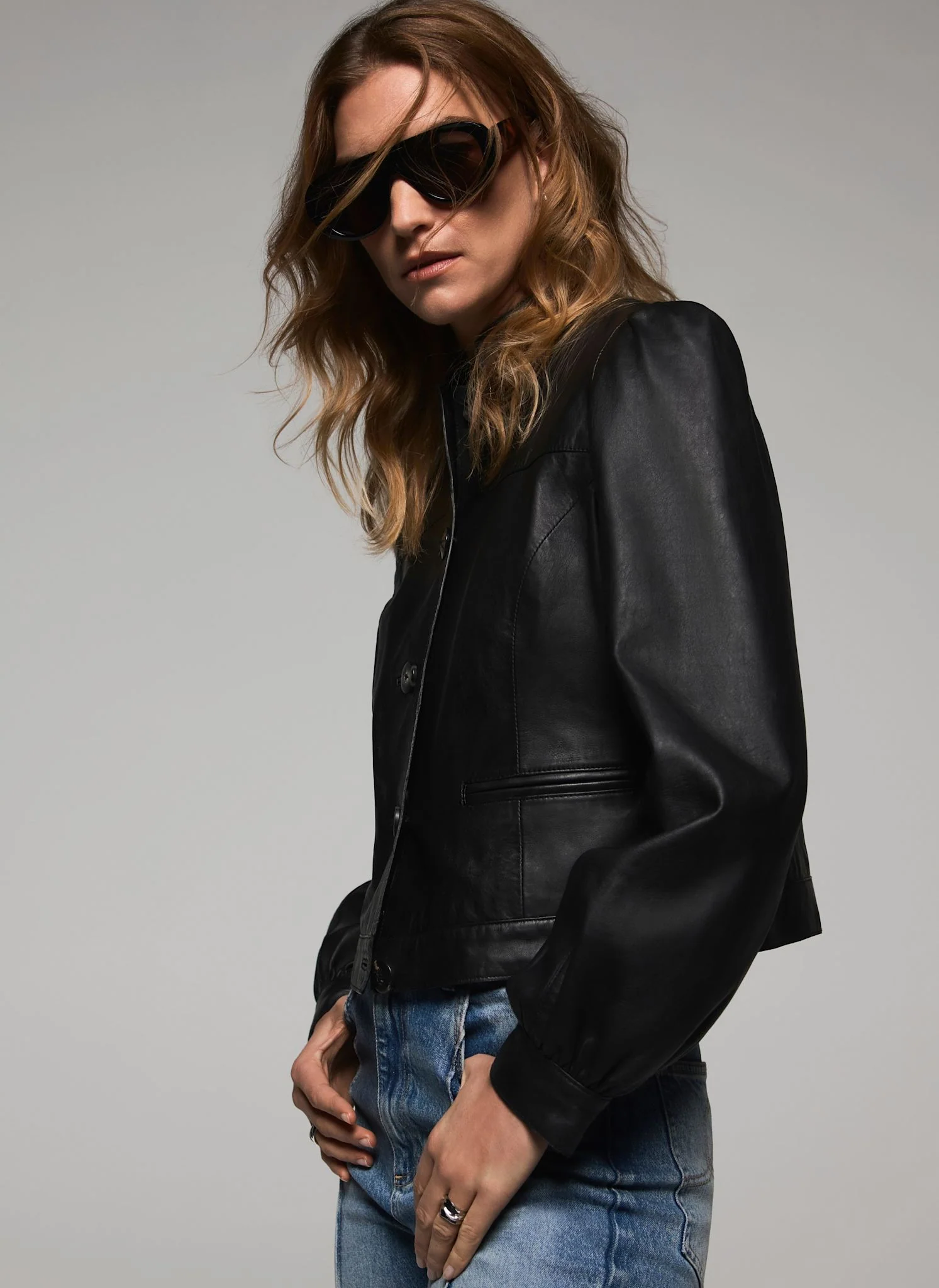 Black Leather Puff Sleeve Jacket - Image 4