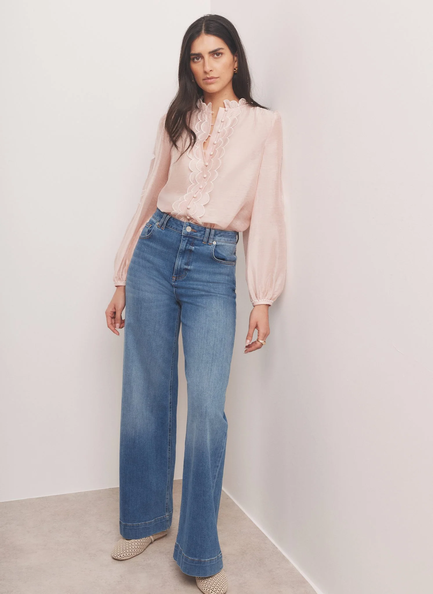 Pink Embroidered Scallop Trim Blouse - Image 3