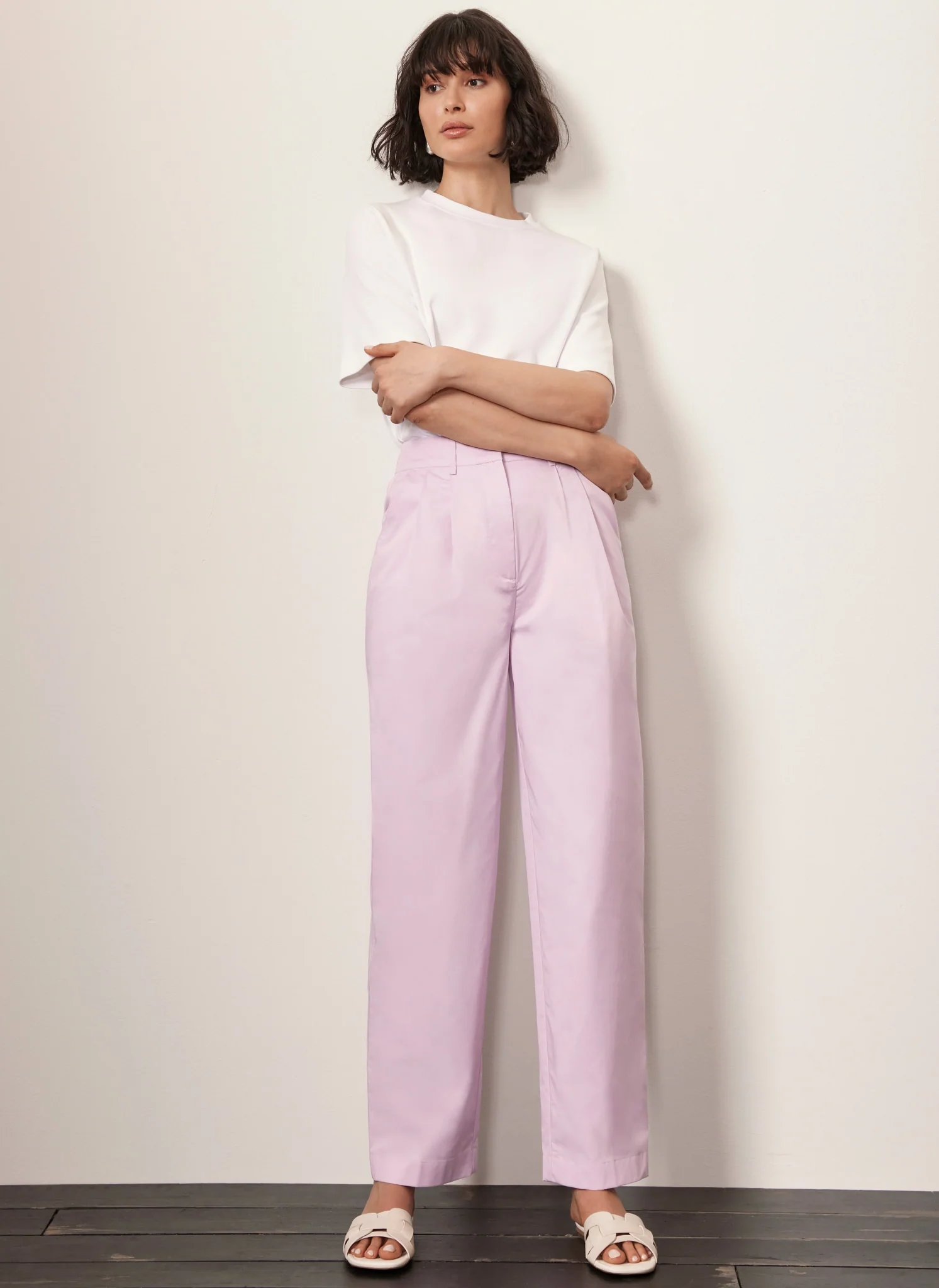 Lilac Cotton Tapered Pleated Trousers - Image 4