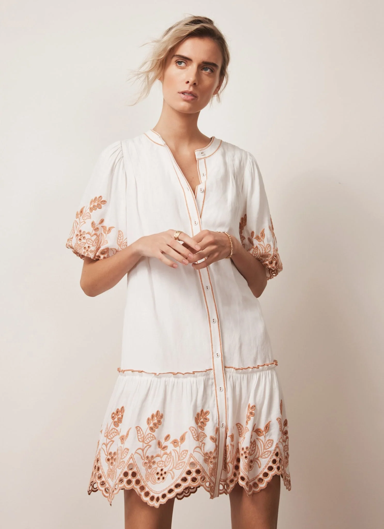 White Linen Blend Broderie Mini Dress - Image 2