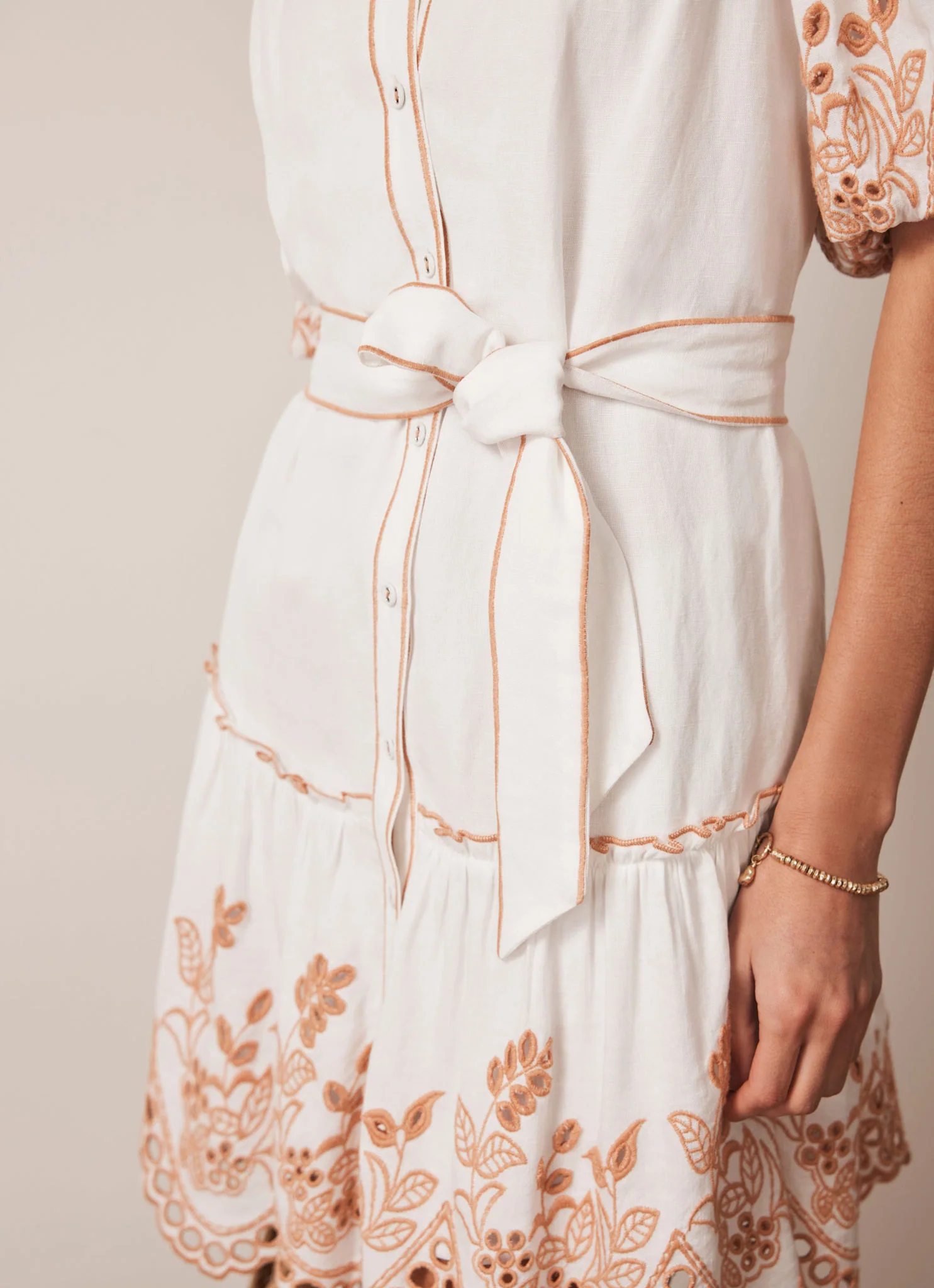 White Linen Blend Broderie Mini Dress - Image 4