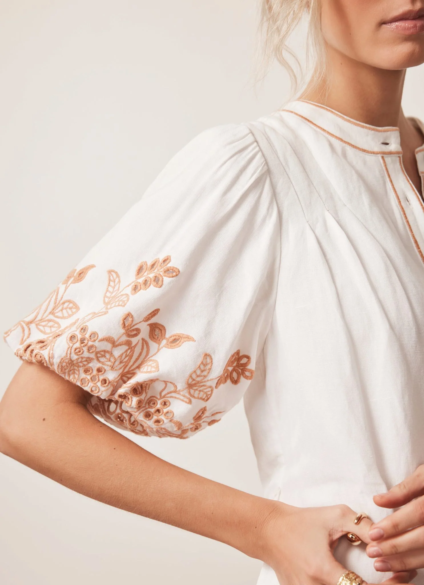 White Linen Blend Broderie Mini Dress - Image 5