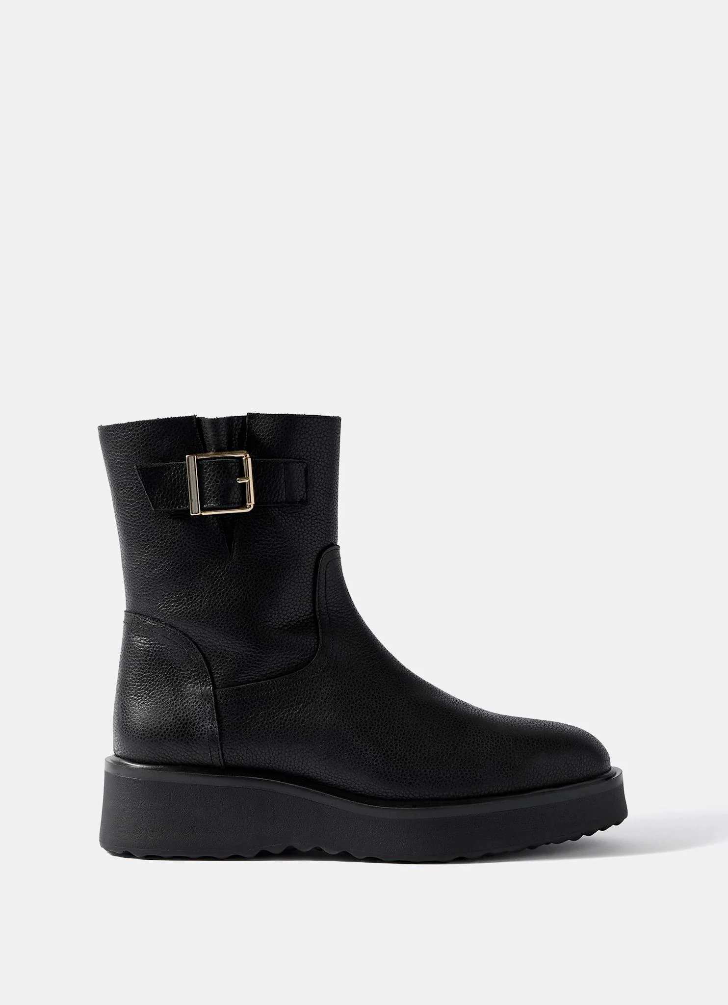 Lola Black Leather Wedge Biker Boots - Image 2
