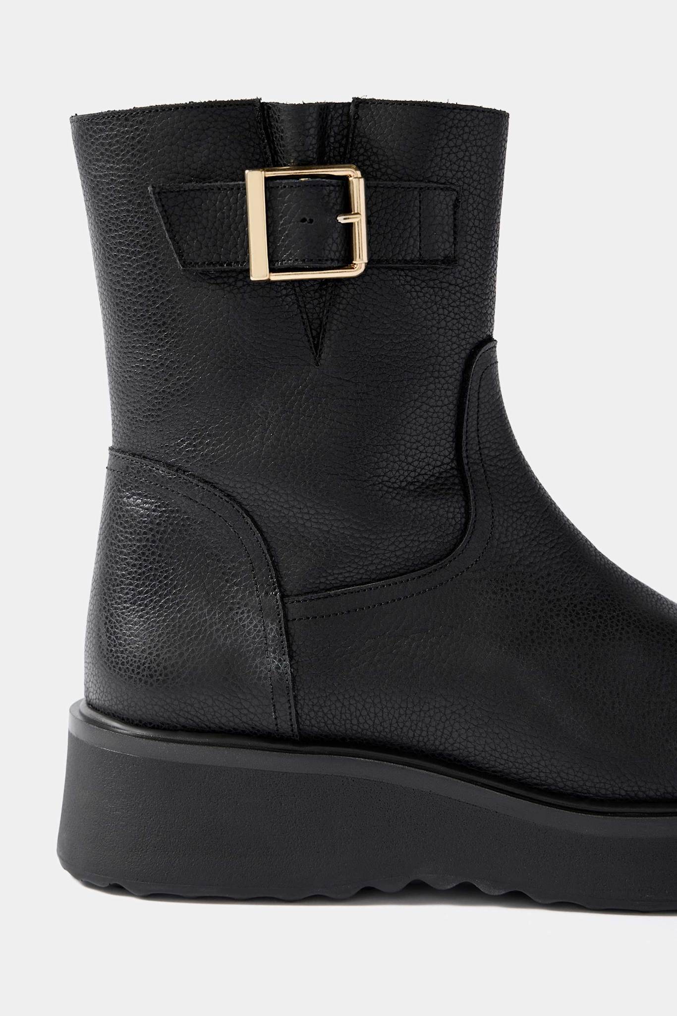 Lola Black Leather Wedge Biker Boots - Image 3