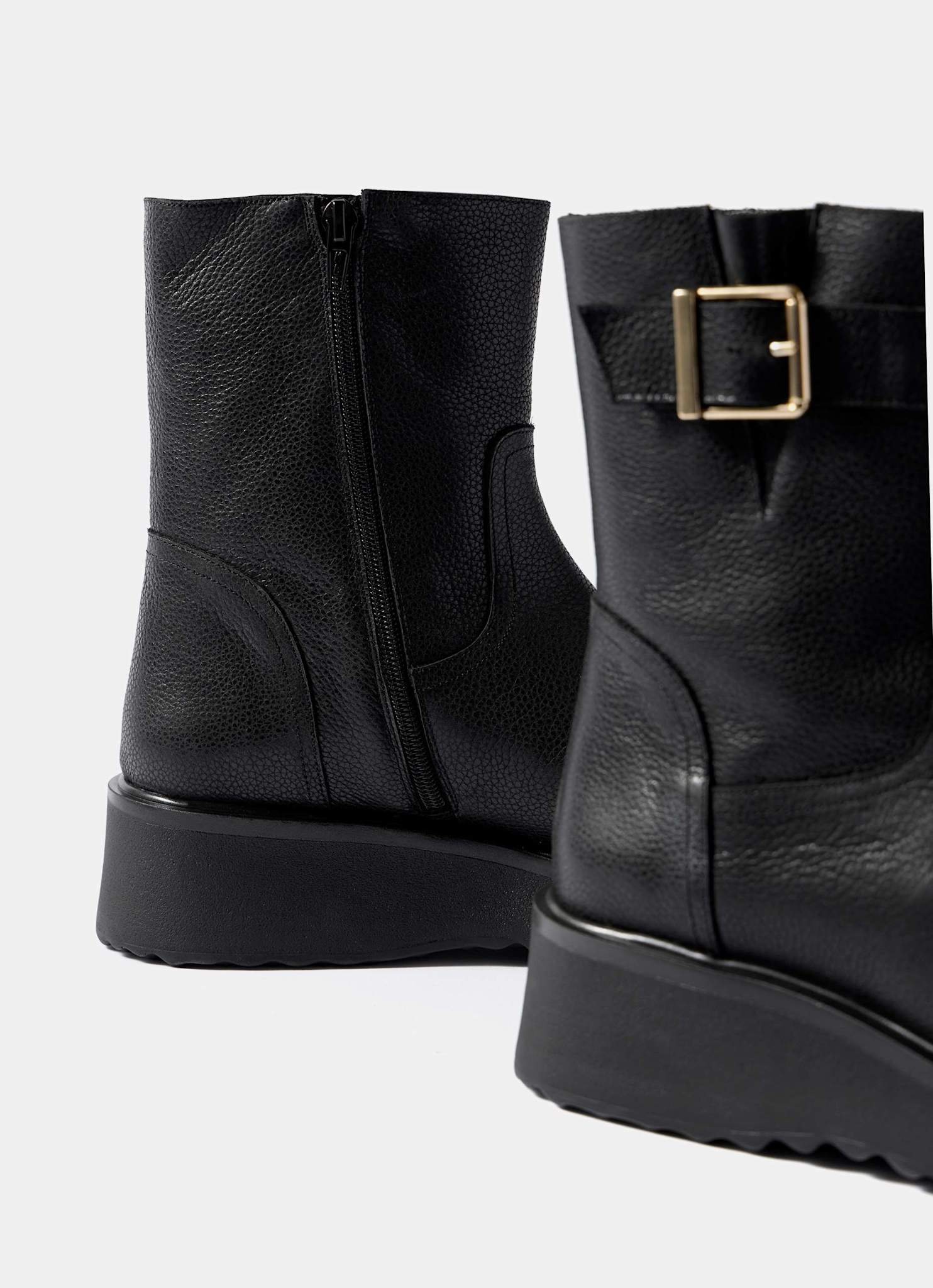 Lola Black Leather Wedge Biker Boots - Image 4