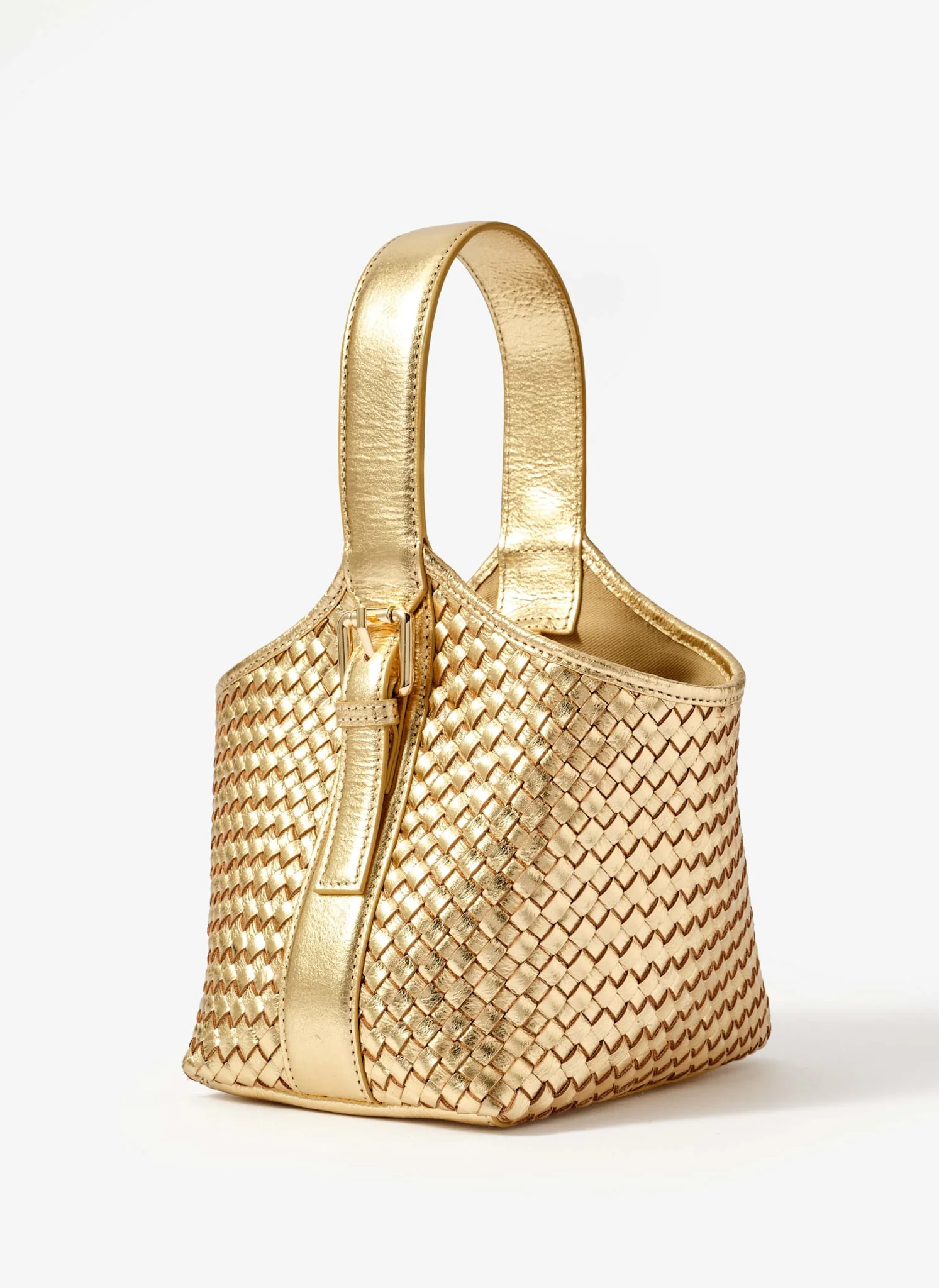 Lola Gold Leather Woven Bucket Bag - Image 4