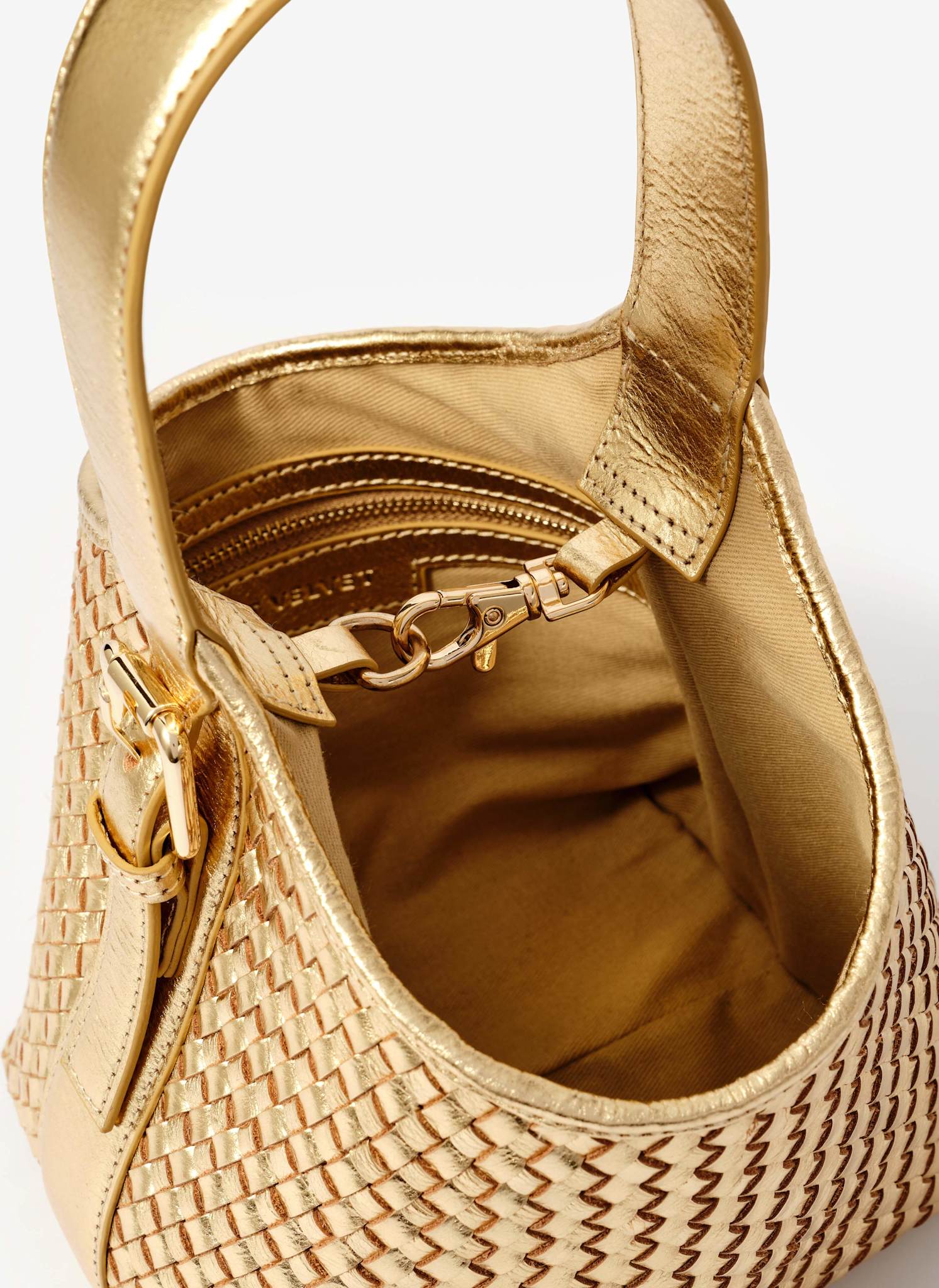 Lola Gold Leather Woven Bucket Bag - Image 5