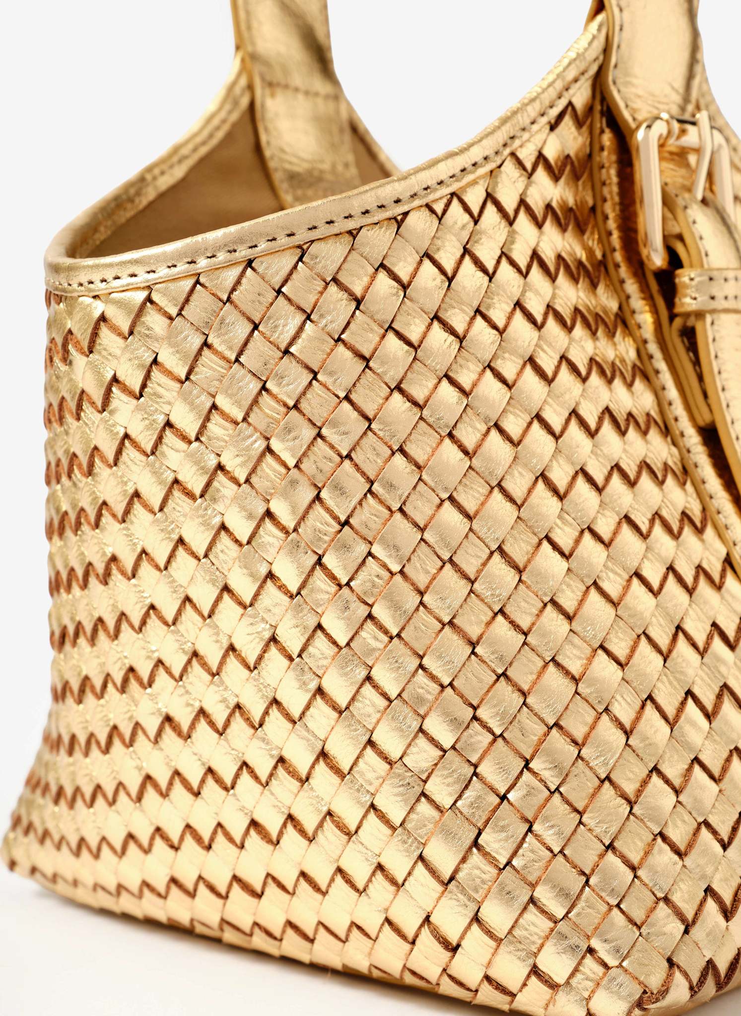 Lola Gold Leather Woven Bucket Bag - Image 6