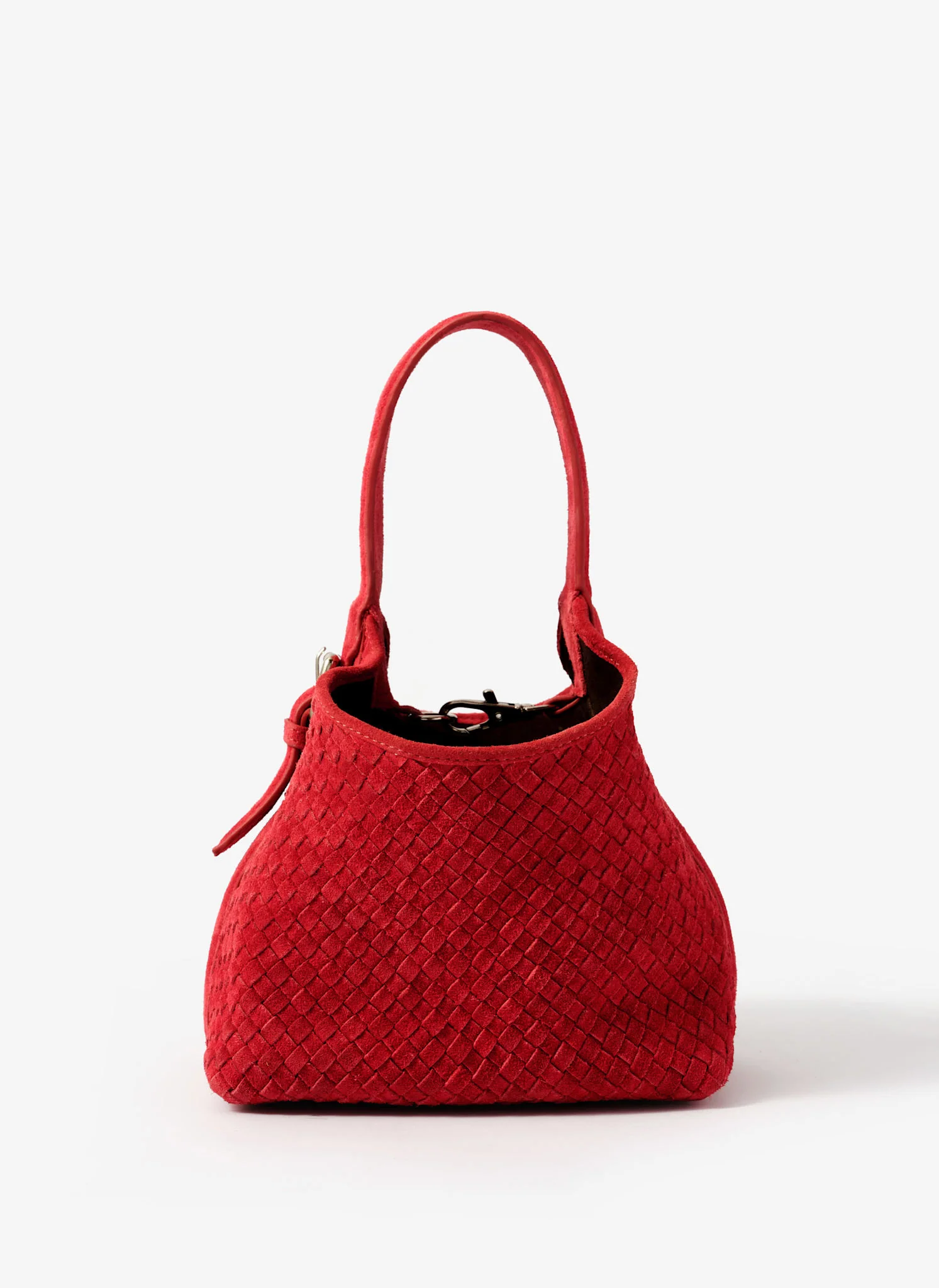Lola Red Suede Woven Bucket Bag - Image 3