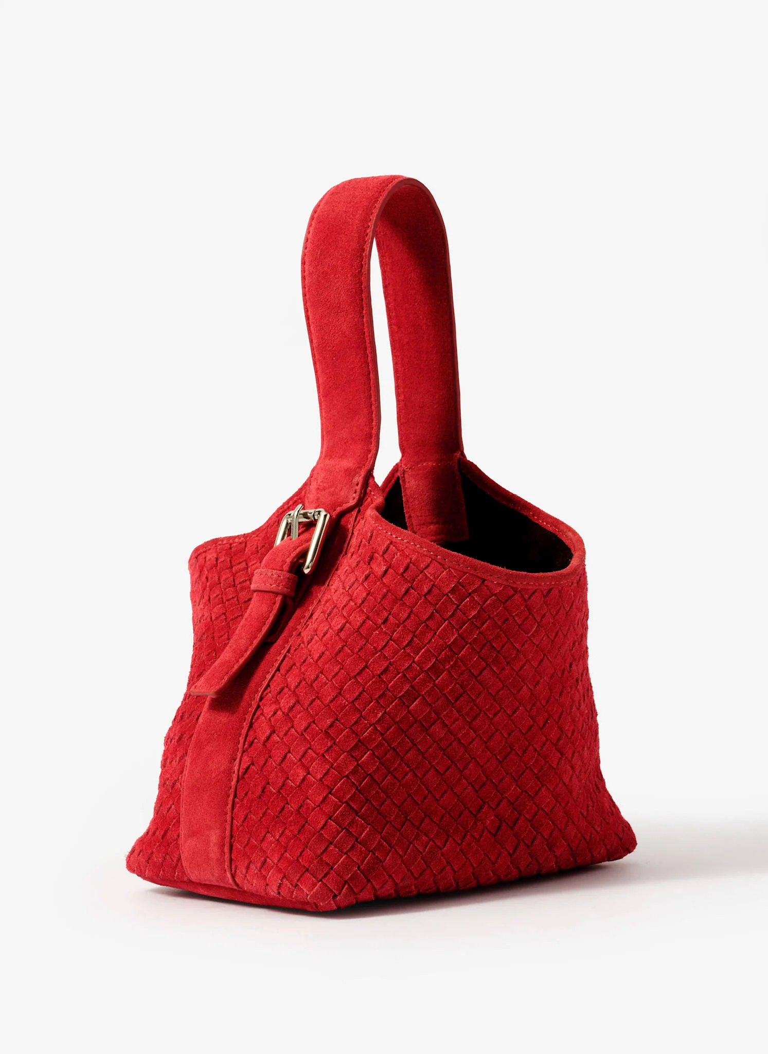 Lola Red Suede Woven Bucket Bag - Image 4