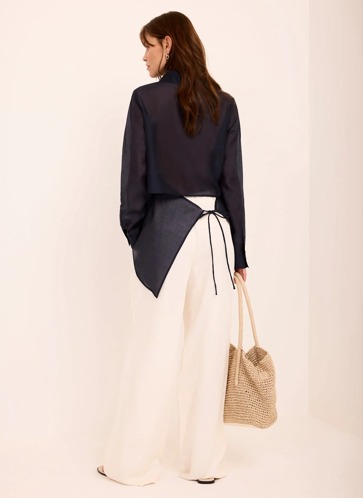 Navy Longline Tie Back Sheer Shirt - Image 6