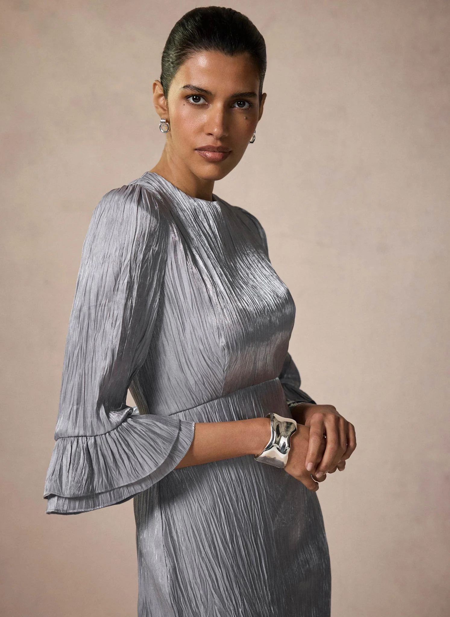 Silver Metallic Ruffle Midi Dress - Image 3